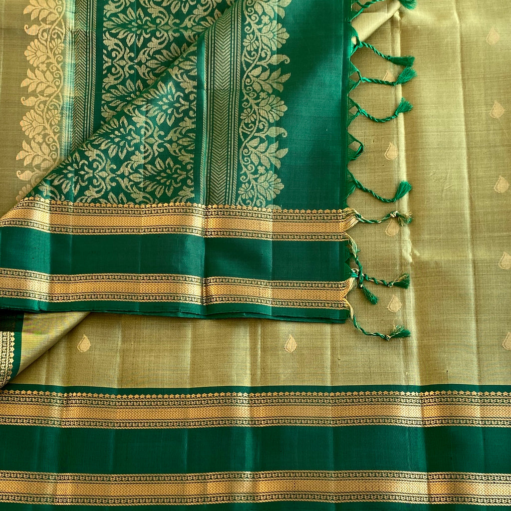 Metallic Sage Green Designer Pure Silk Saree With Emerald Green Pallu