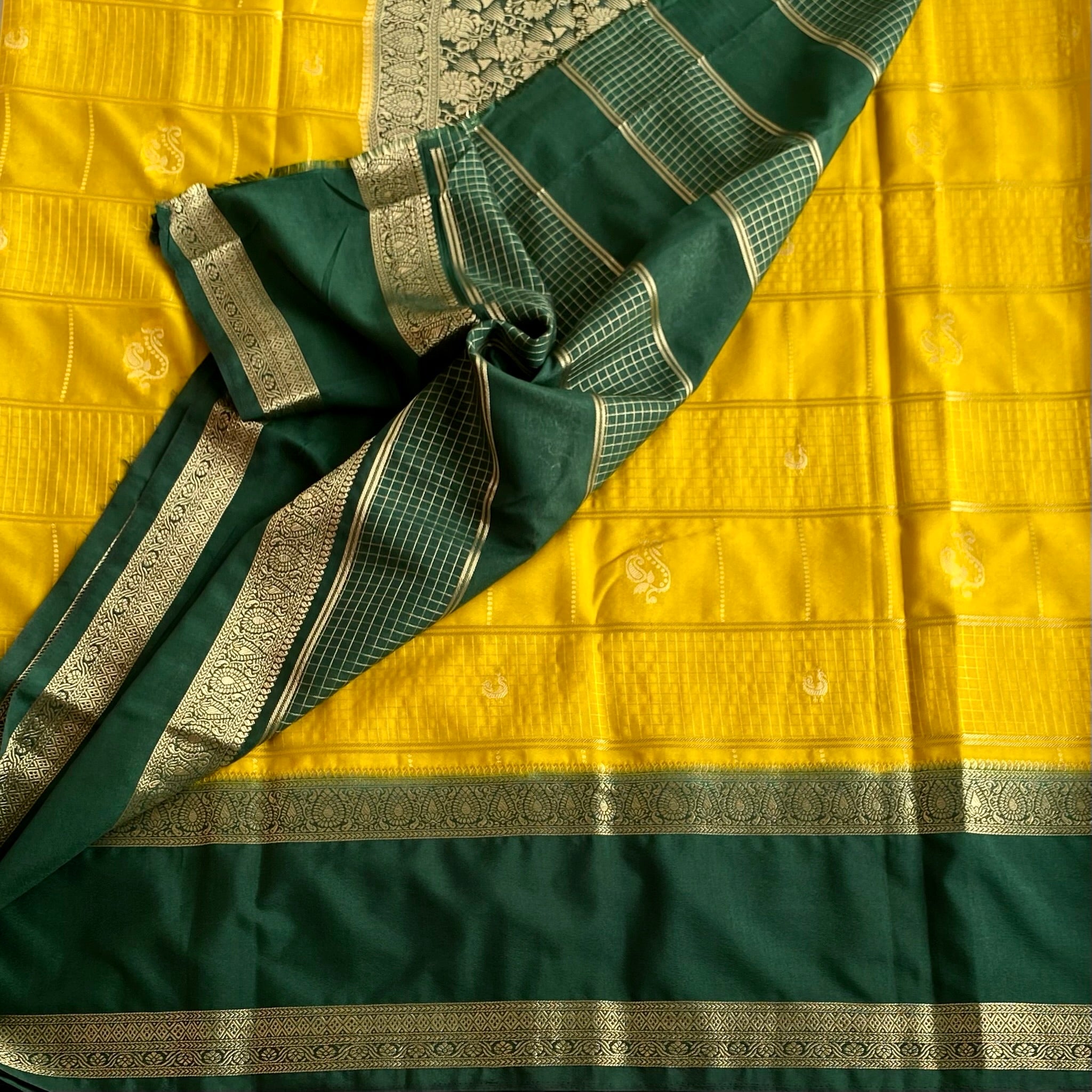 Lovely Mango Yellow Soft Crepe Checkered Silk With Bottle Green Contrast
