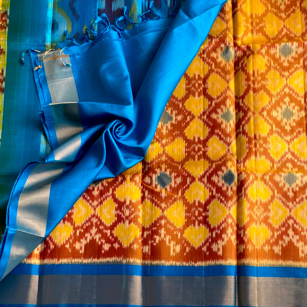 Mustard Burnt Orange with Sky Blue Ikkat Handwoven Designer Pure Silk
