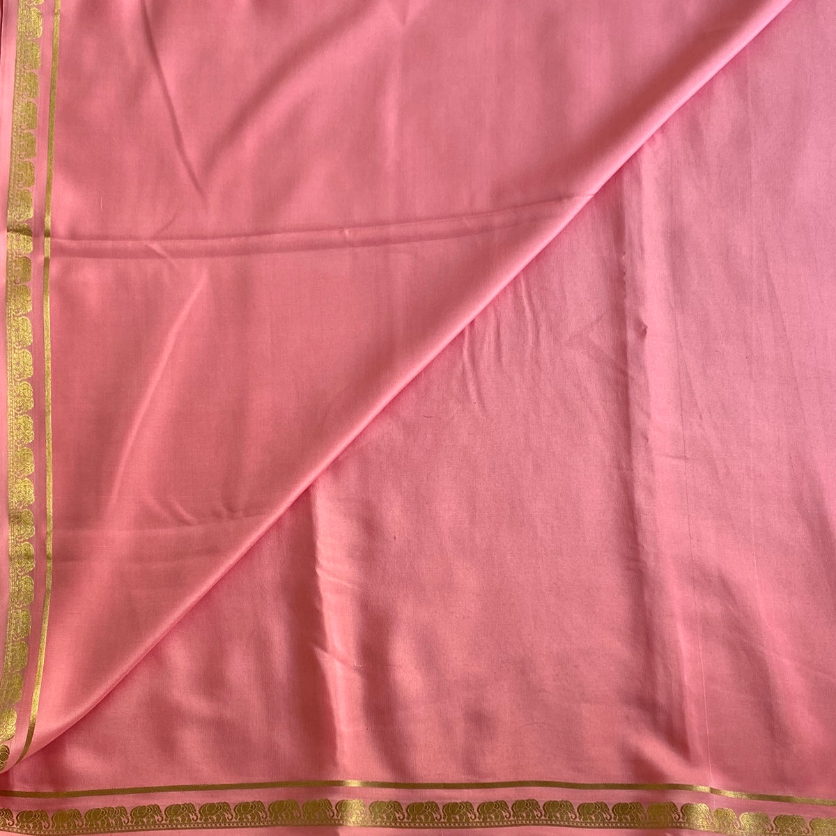 Light Rose Pink Mysore Crepe Silk Saree With Gold Elephant Border