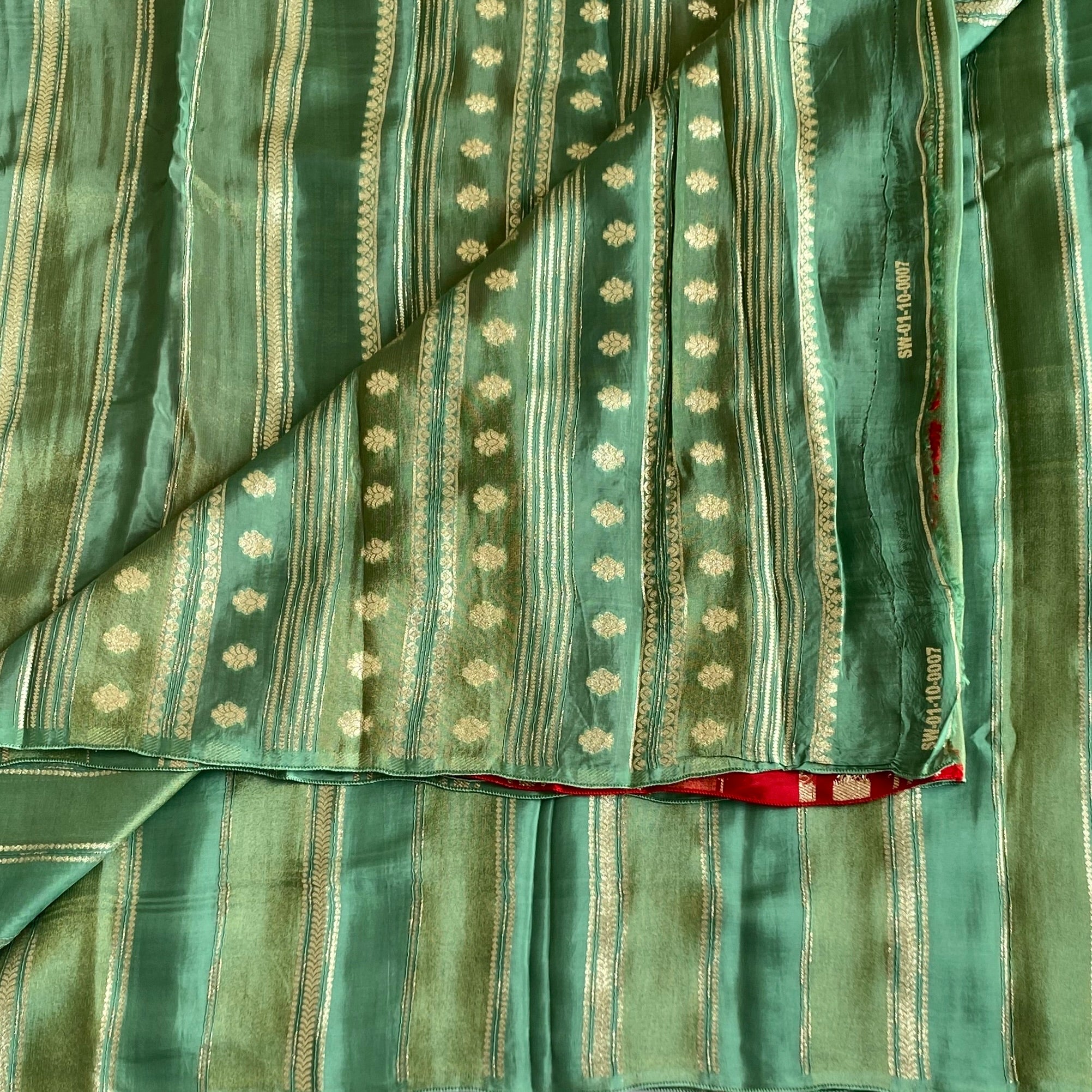 Teal Silk Saree Gold Buti Stripes Red Selvedge Festive Wear