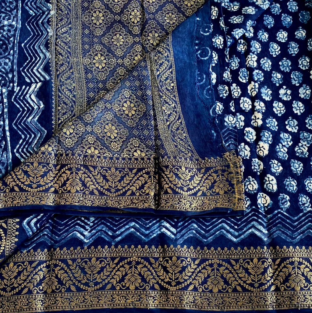 Ajrakh Handblock Printed Silk Navy Blue Saree With Metallic Gold Pallu