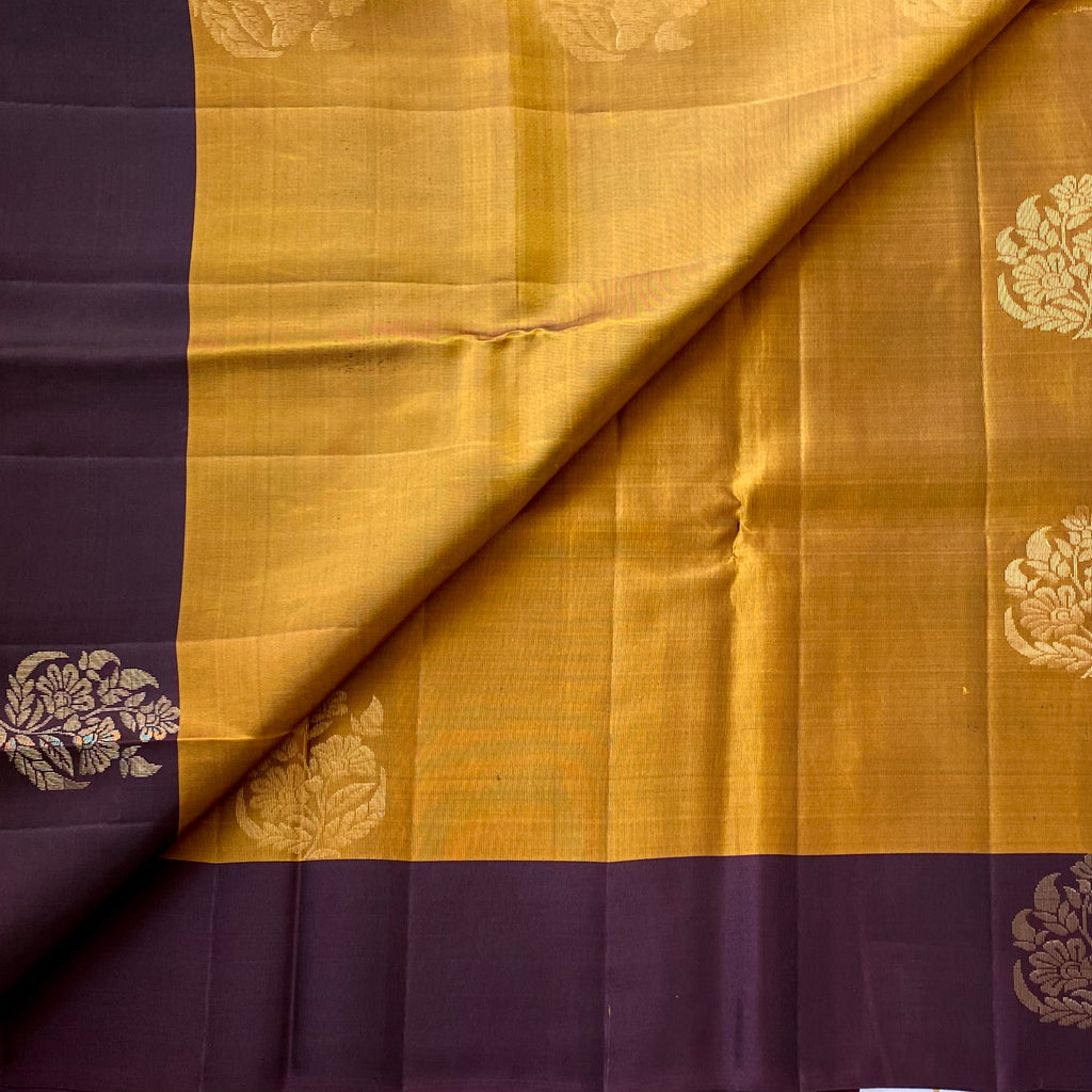 Traditional Mustard Plum Silk Saree With Gold Floral Zari Border
