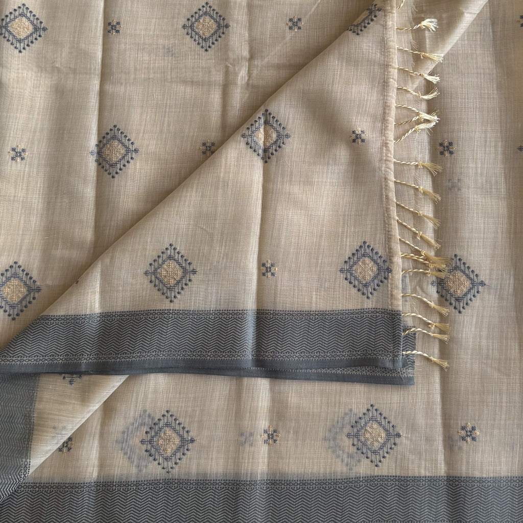 Pale Beige Saree Charcoal Border Diamond Motif Gold Embroidery Traditional