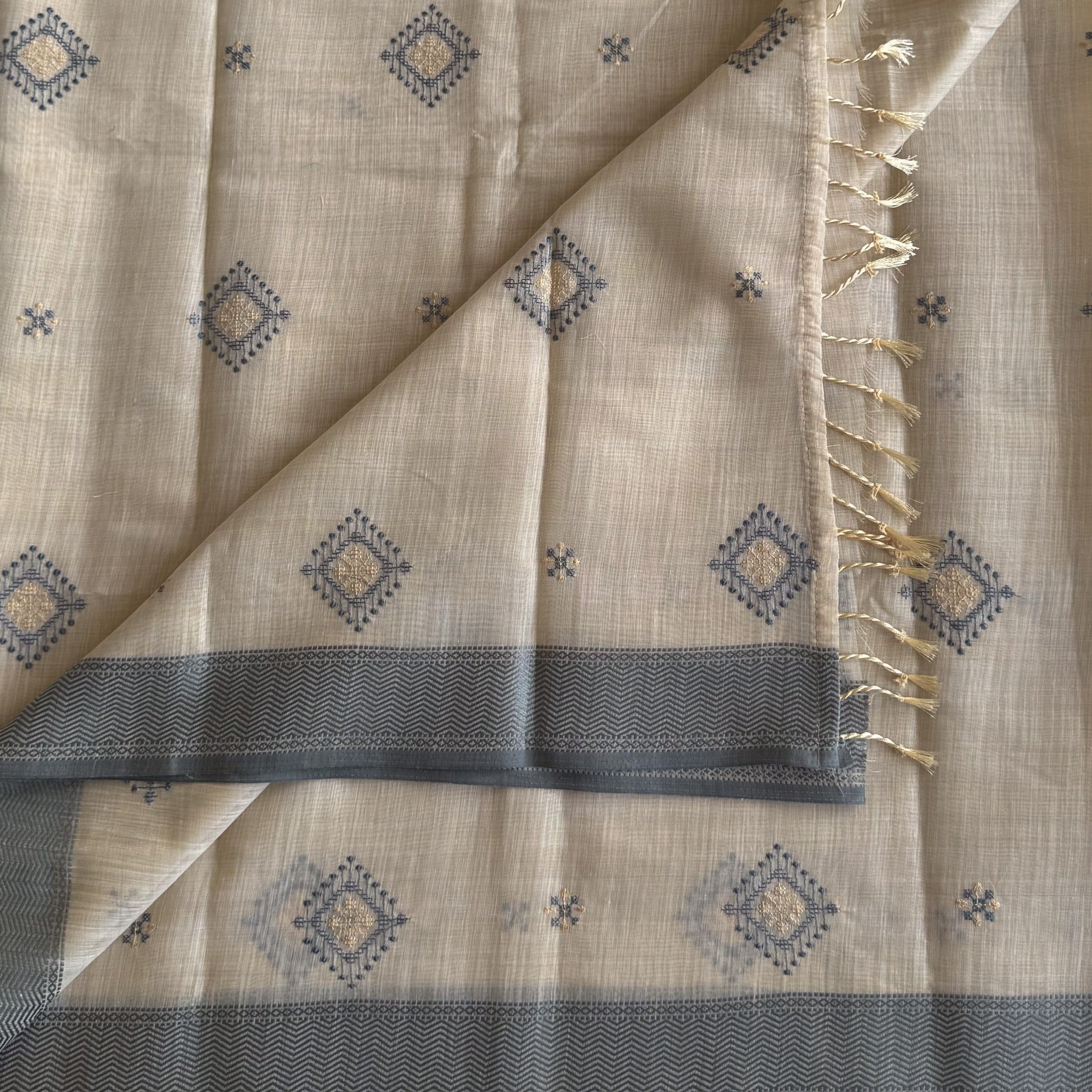 Pale Beige Saree Charcoal Border Diamond Motif Gold Embroidery Traditional