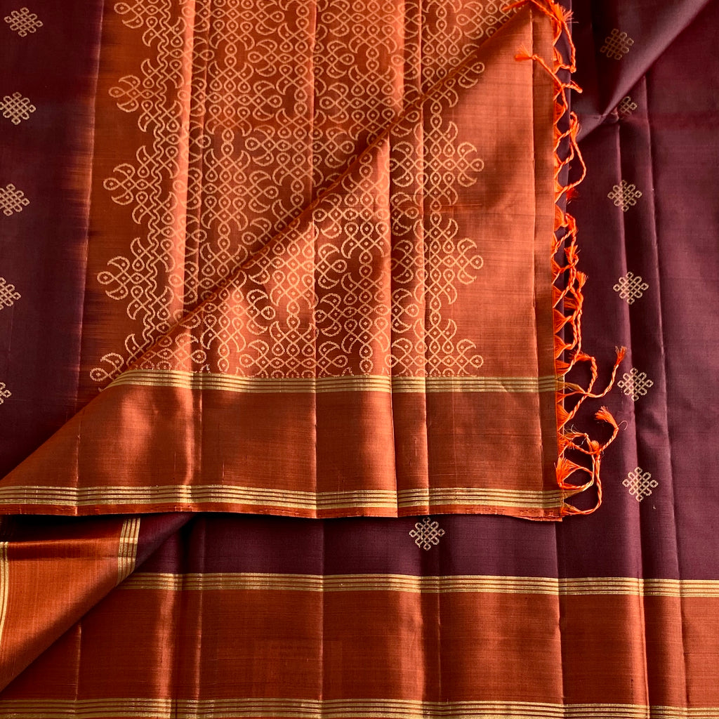 Sun-kissed Brown Designer Pure Silk Saree With Rust Orange Kollam Stunner