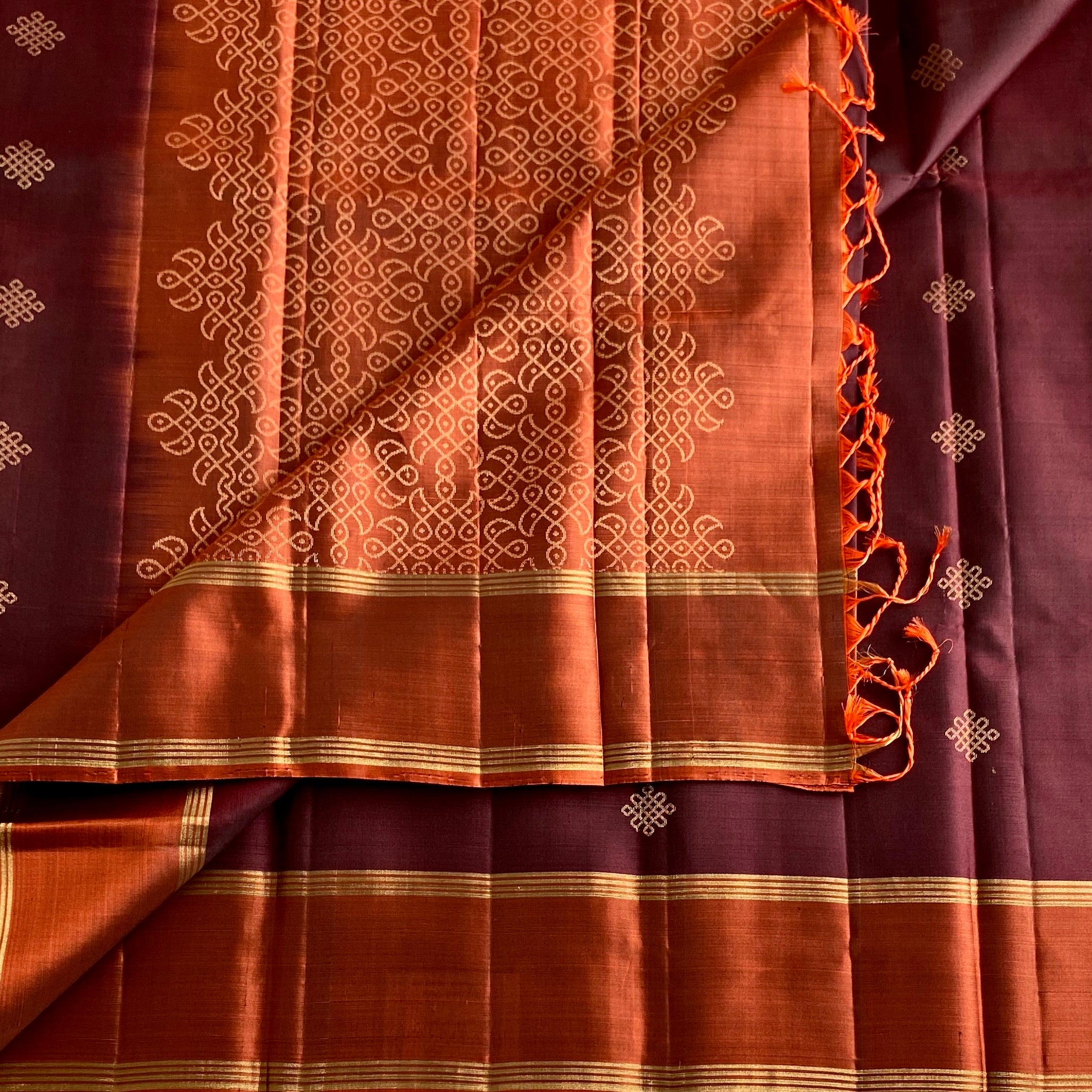 Sun-kissed Brown Designer Pure Silk Saree With Rust Orange Kollam Stunner