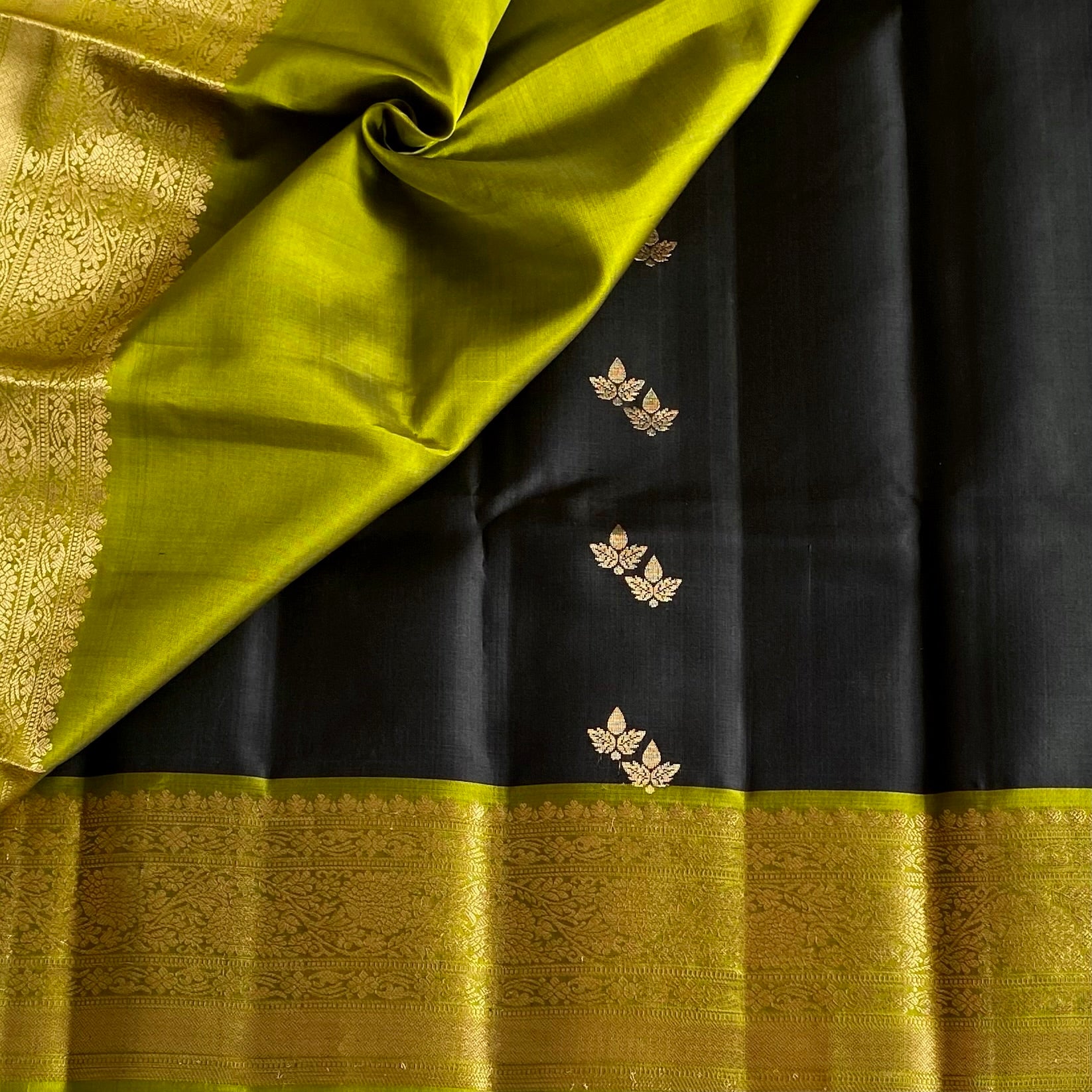 Jet Black Designer Pure Silk with Twin Buttas & Olive Green Contrast