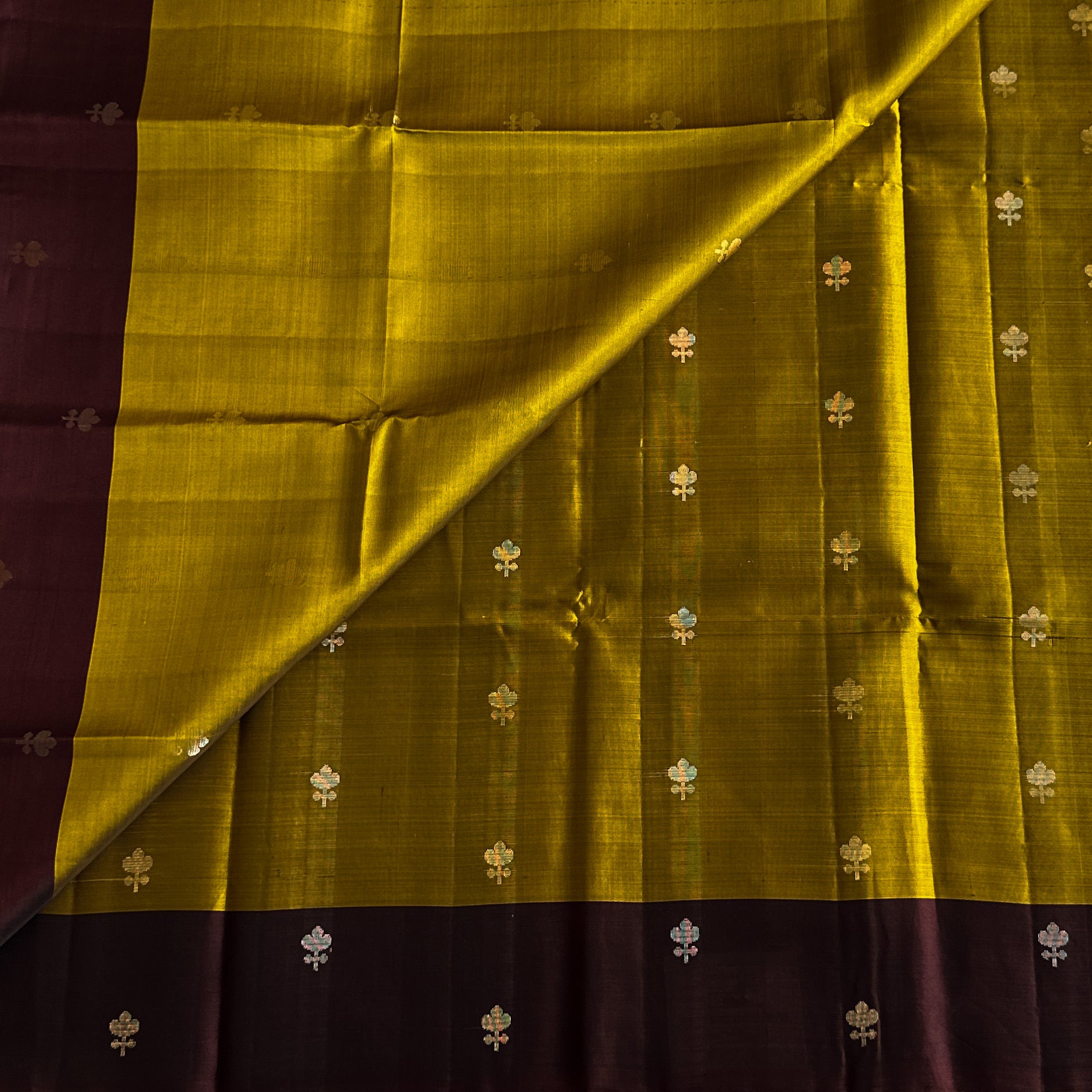 Maroon Mustard Silk Saree Gold Zari Woven Pallu Border Traditional
