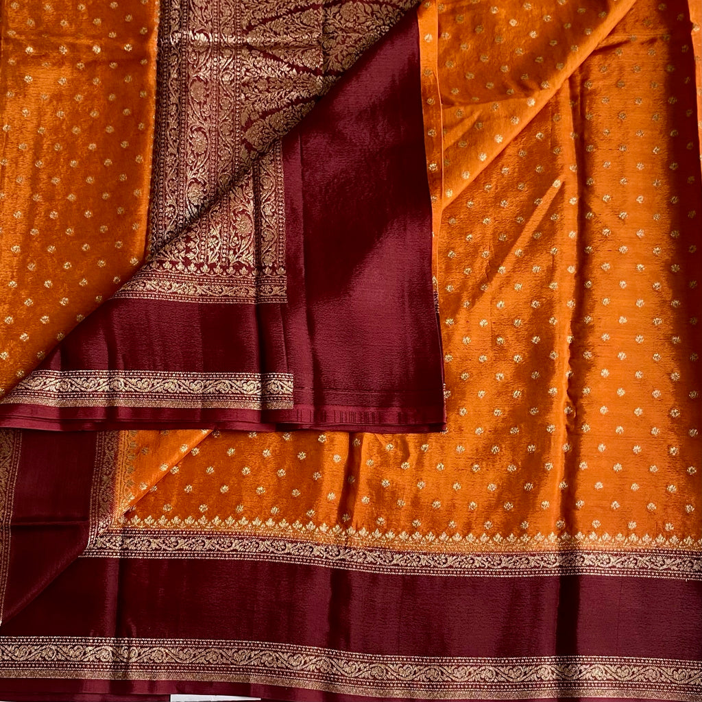 Classic Rust Banarasi Crepe Silk Saree With Deep Maroon Pallu