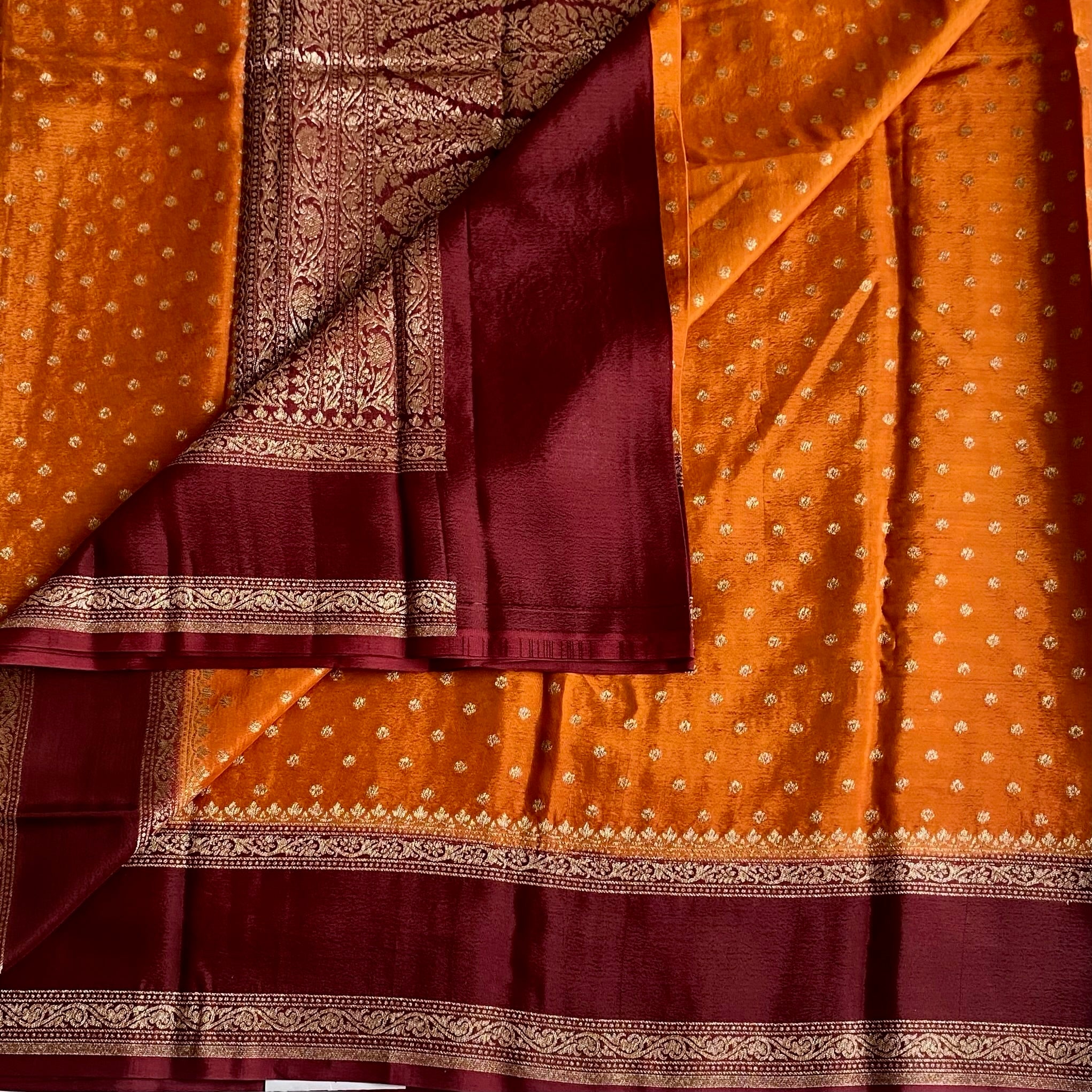 Classic Rust Banarasi Crepe Silk Saree With Deep Maroon Pallu