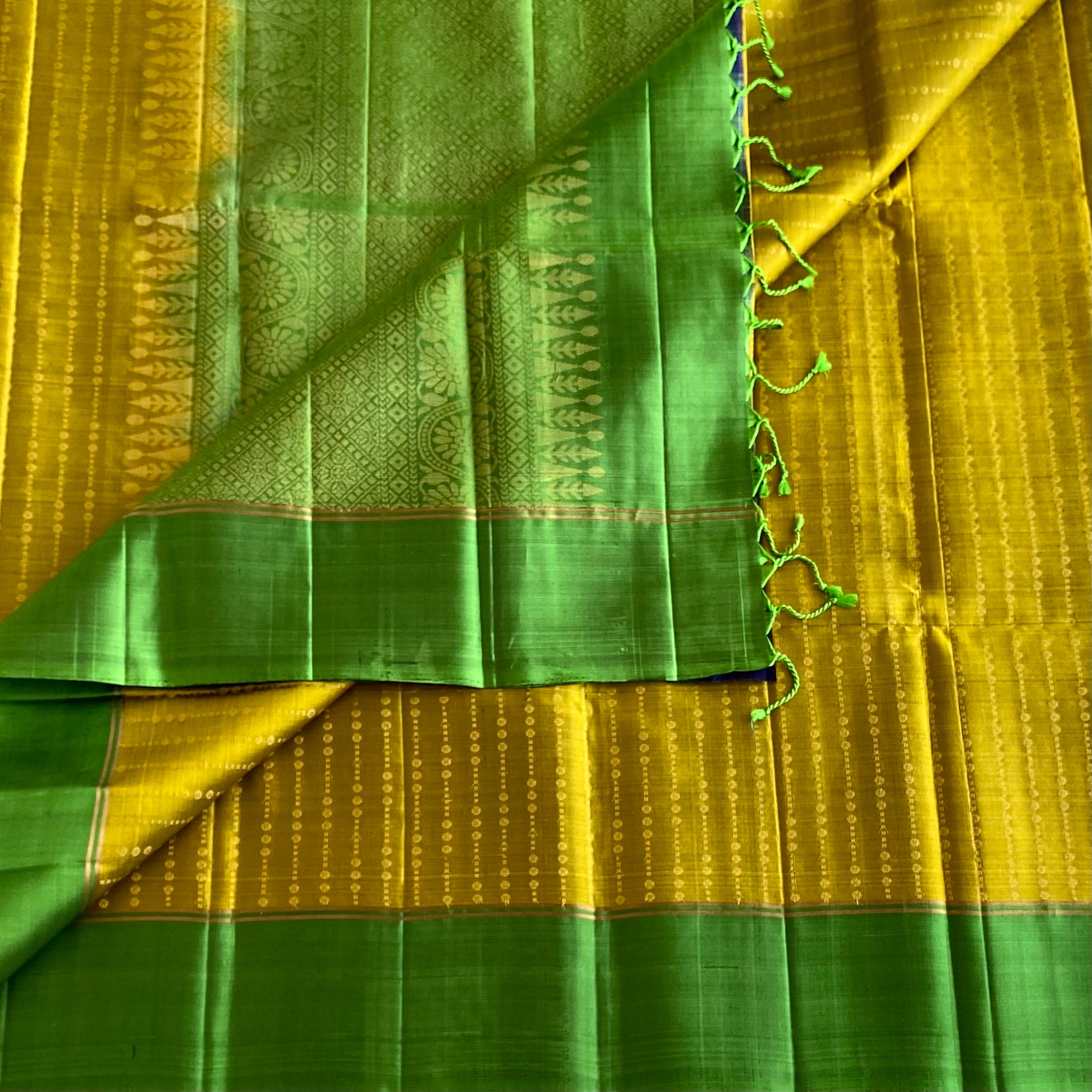Mustard Yellow Green With Kelly Green Designer Pure Silk