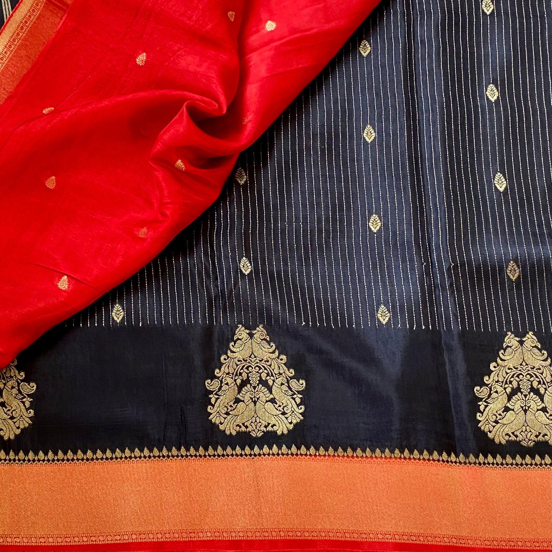 Black Silk Saree Vermilion Red Gold Brocade Pallu Wedding