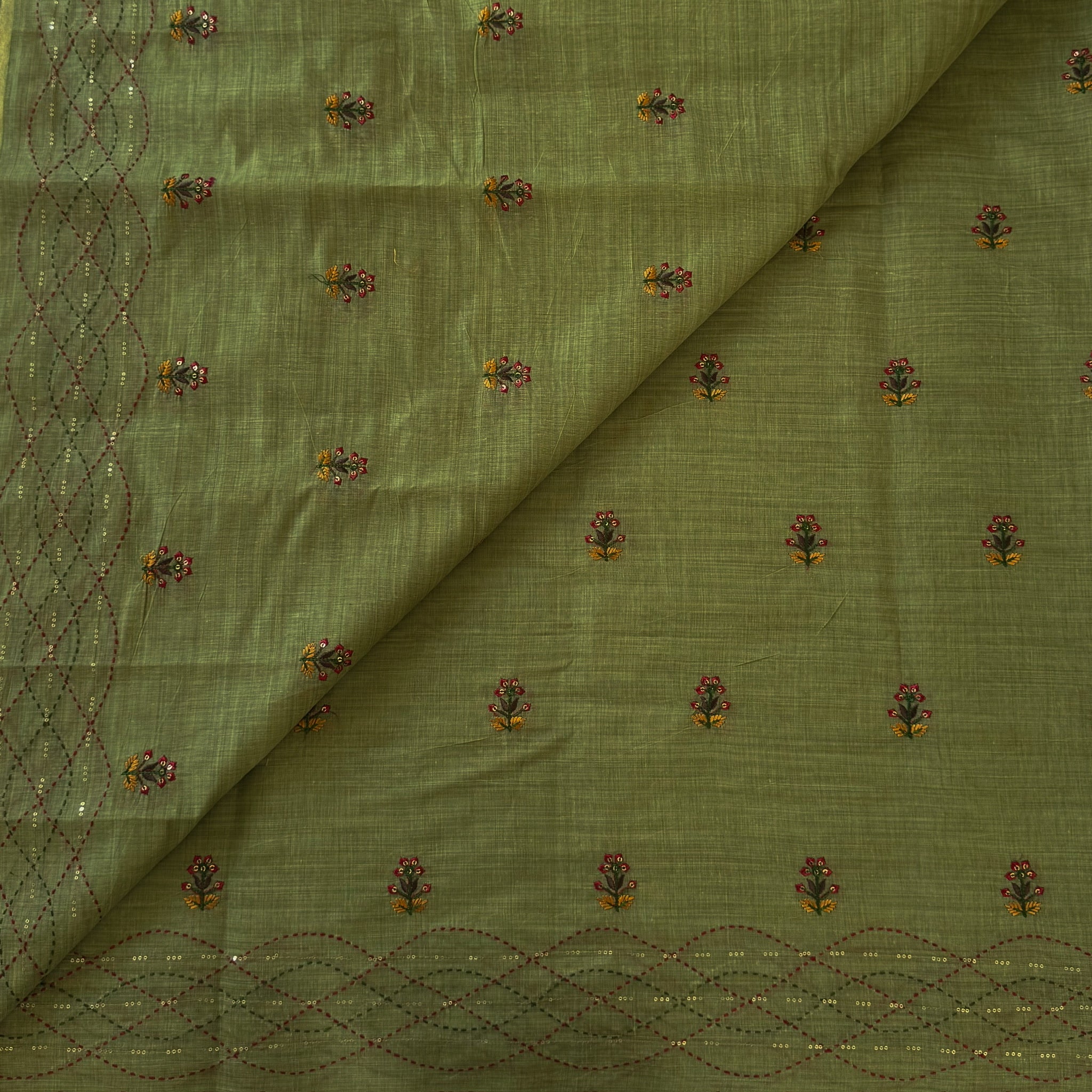 Sage Green Hand Embroidered Floral Buta Saree With Tassel Pallu