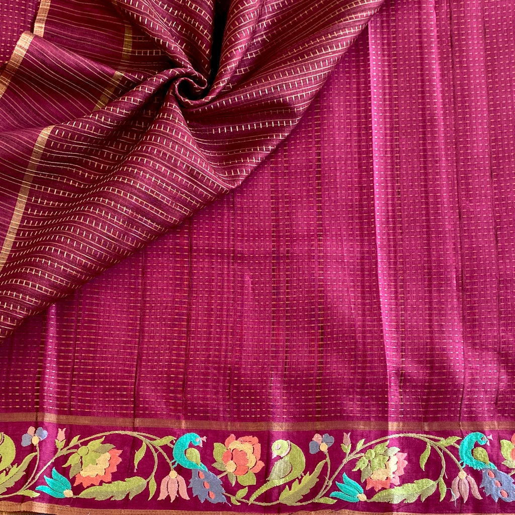 Deep Magenta Soft Tussar Silk Saree With Antique Gold Accents