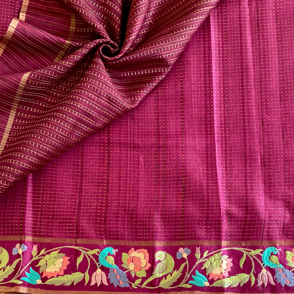Deep Magenta Soft Tussar Silk Saree With Antique Gold Accents