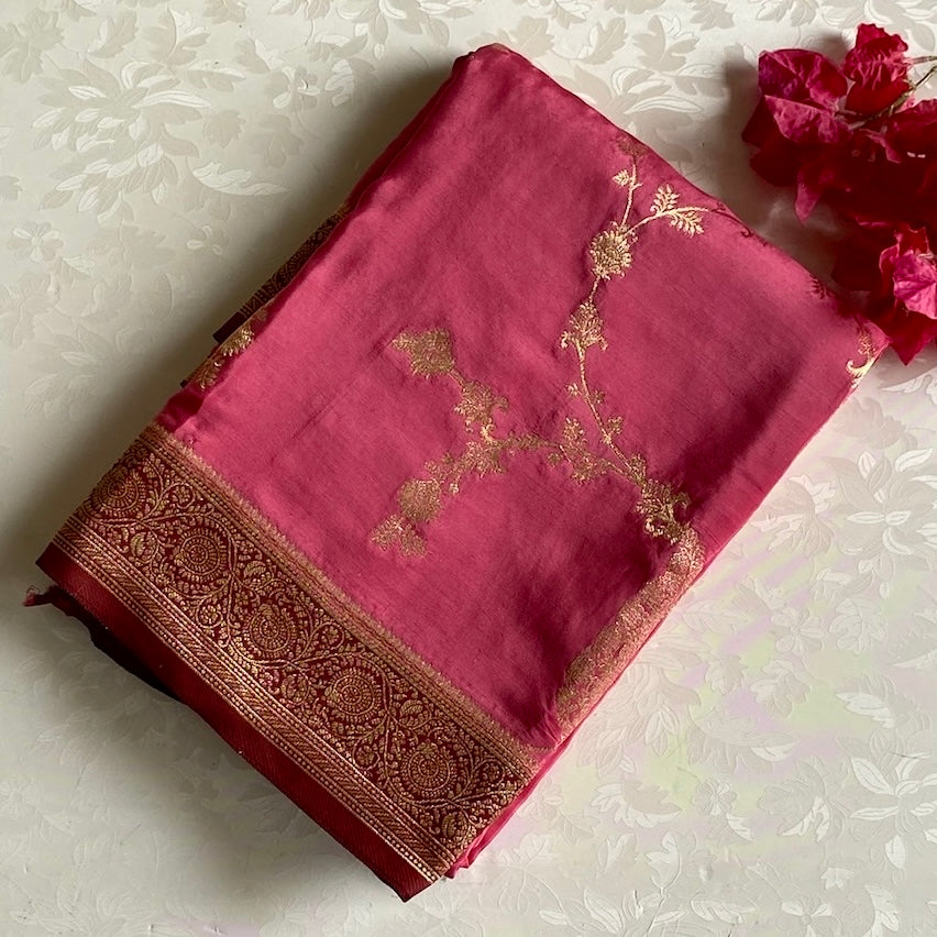 Rani Pink Soft Tussar Silk Saree With Maroon Brocade Pallu