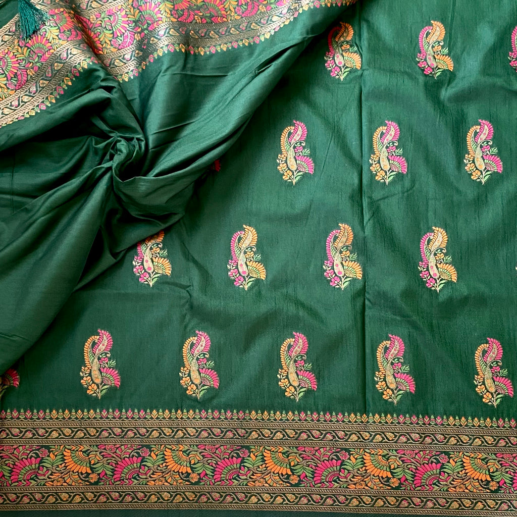 Emerald green with Meenakari woven(not printed) soft tussar with rich pallu