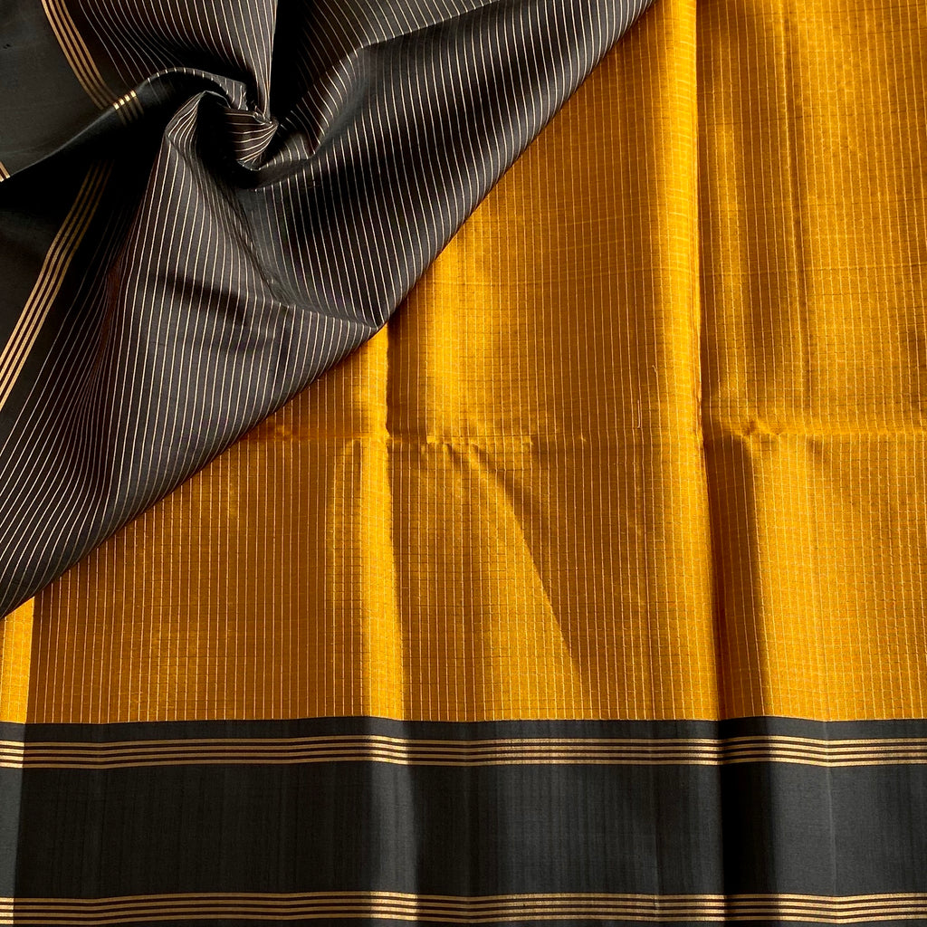 Mustard Gold Designer Pure Silk Saree With Jet Black Pallu