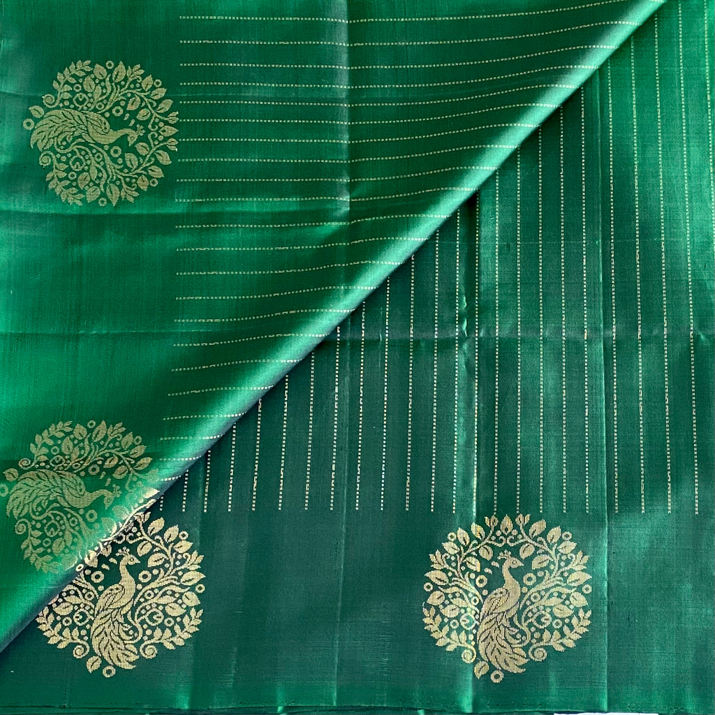 Emerald Green Designer Pure Silk Saree With Antique Gold Zari Pallu