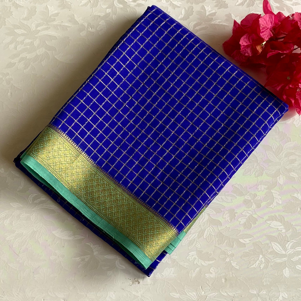 Royal Blue Mysore Crepe Silk Saree With Sea Green Contrast