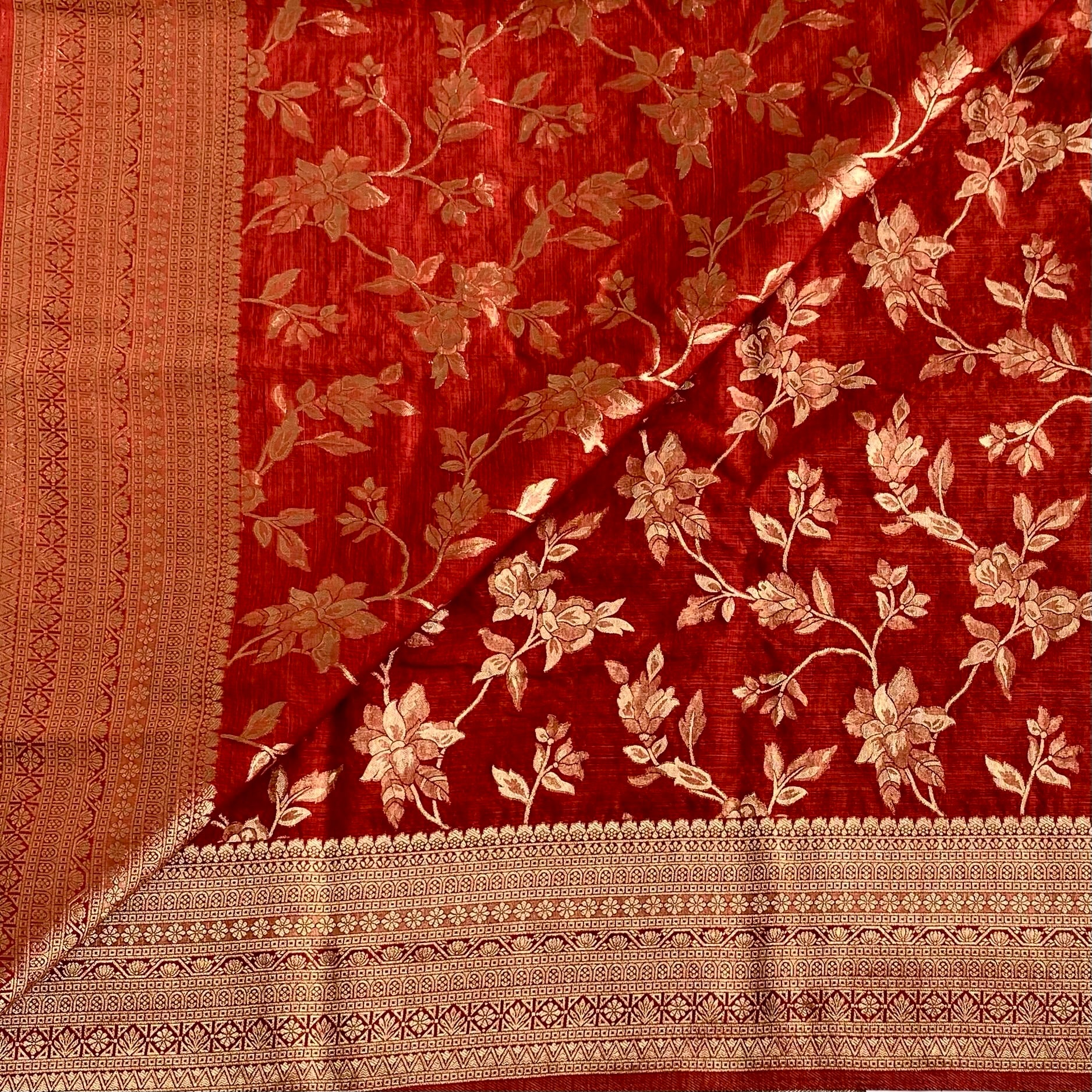 Venetian Rust Red Soft Tussar Silk Saree With Antique Gold Pallu