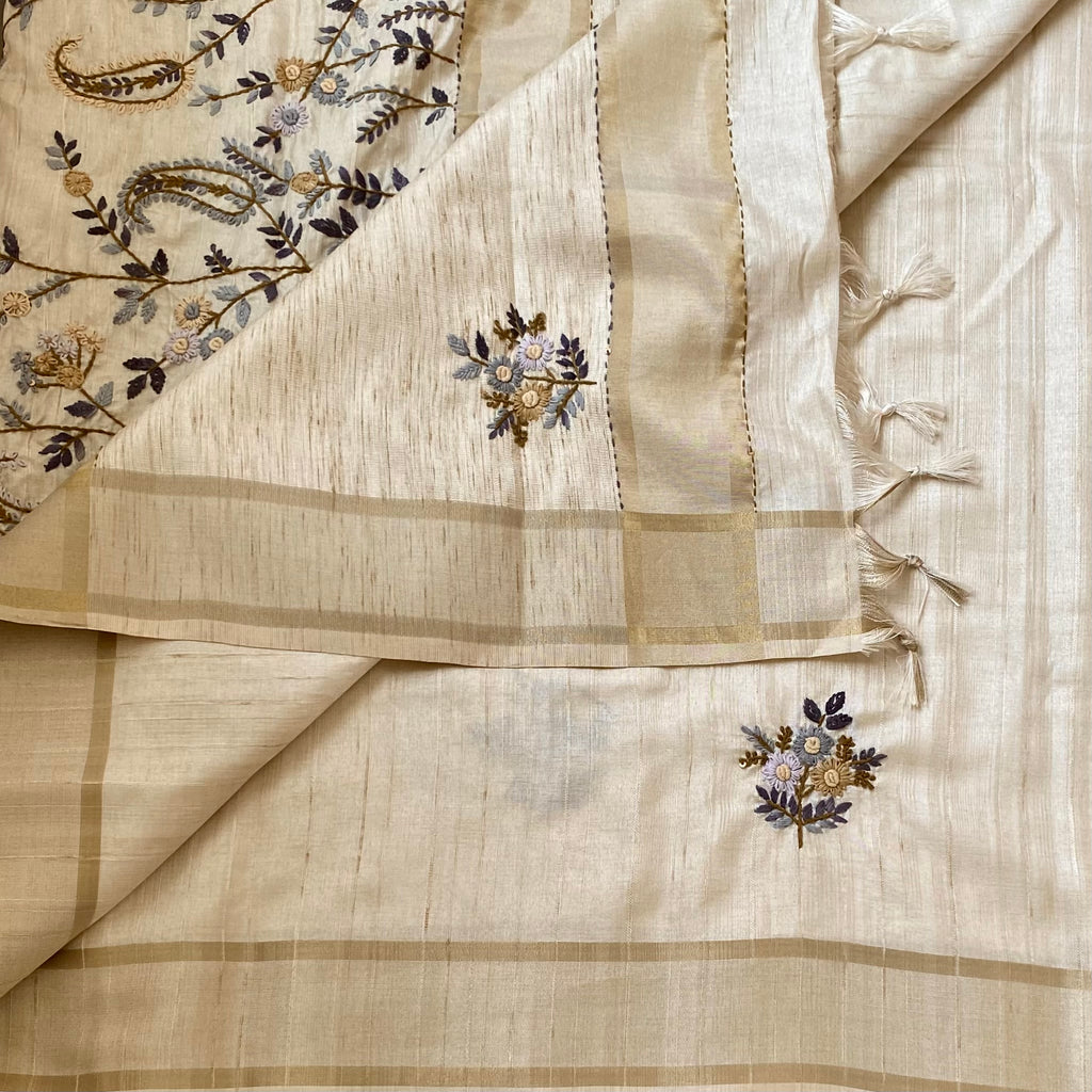 Champagne Beige Soft tussar with embroidered work all over