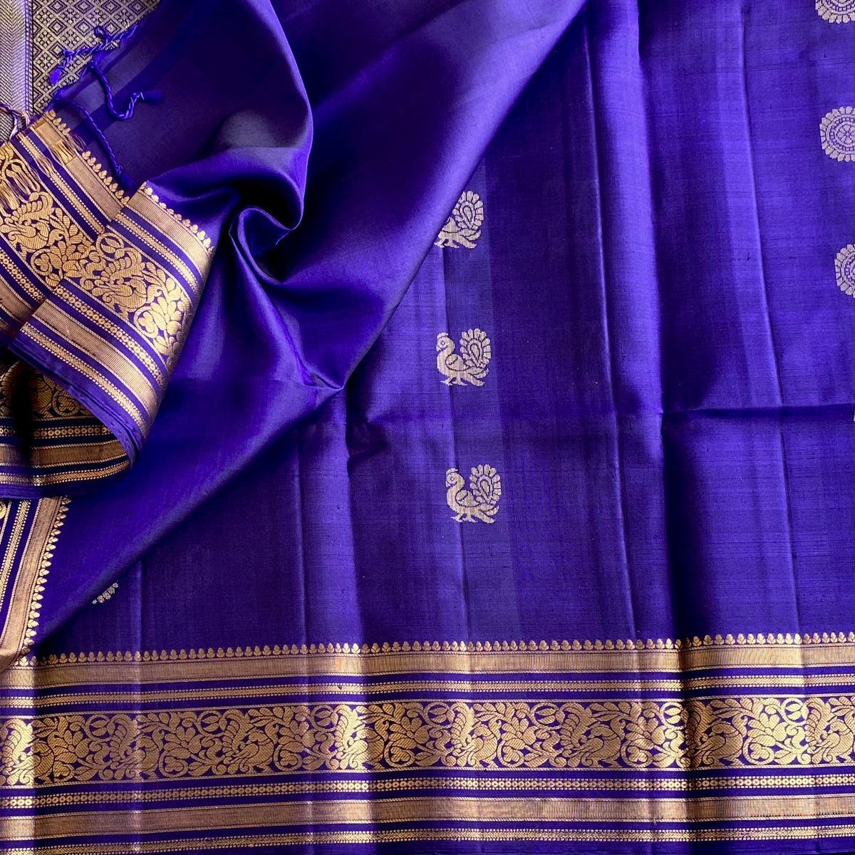 Deep Indigo Bluish Purple Designer Pure Silk Saree With Antique Gold Pallu