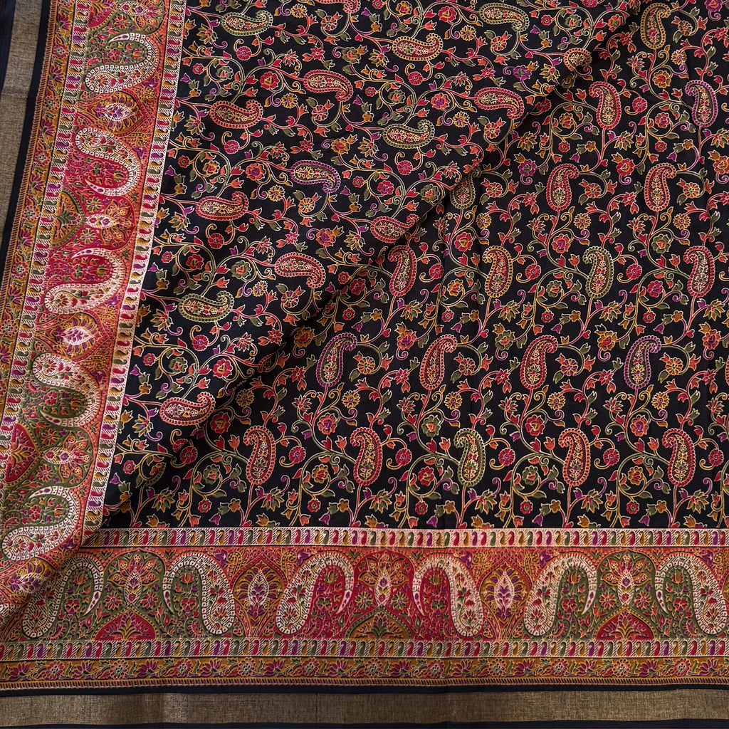 Black Paisley Zari Saree Multicolor Floral Motif Festive Traditional Ethnic