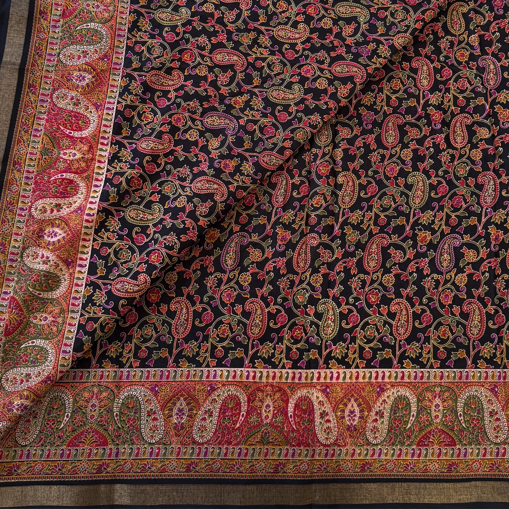 Black Paisley Zari Saree Multicolor Floral Motif Festive Traditional Ethnic