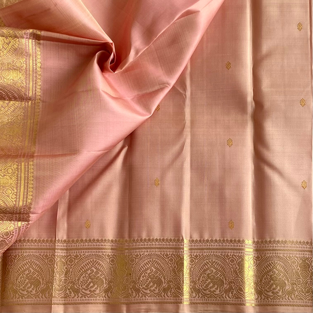 Blush Pastel Pinkish Peach Kanjeevaram Pure Zari Silk Saree With Metallic Gold Border