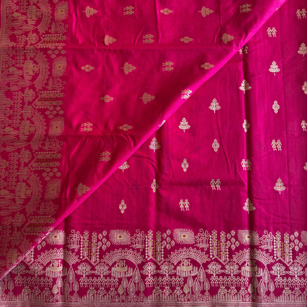 Fuchsia Gold Brocade Silk Saree Tassel Pallu Wide Border Traditional