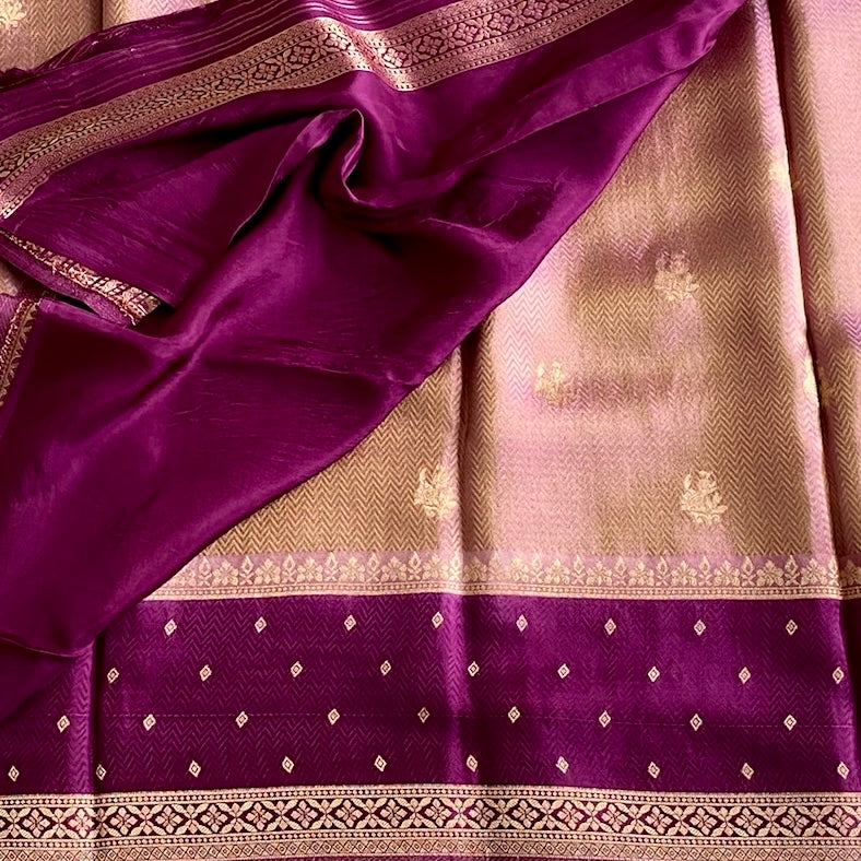 Dual Shaded Rose Gold Soft Blended Silk With Wine Purple Pallu