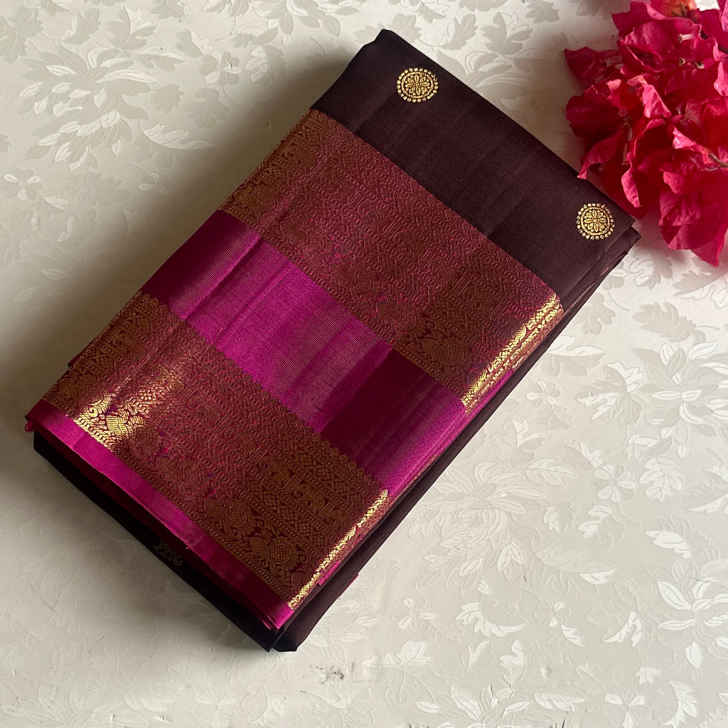 Coffee Brown Kanjeevaram Pure Zari Silk With Magenta Pink Pallu