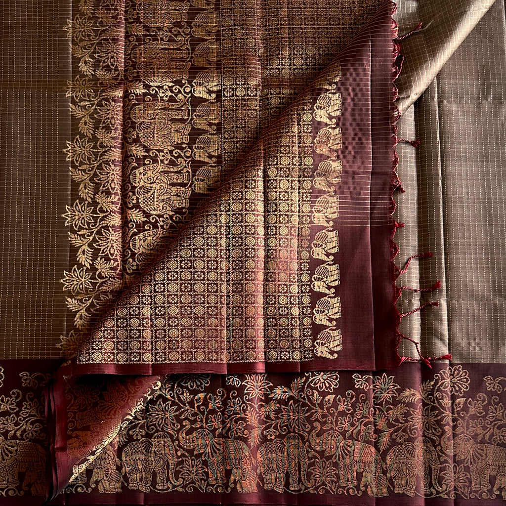 Burgundy Gold Woven Saree Elephant Border Traditional Festive Elegant Luxury