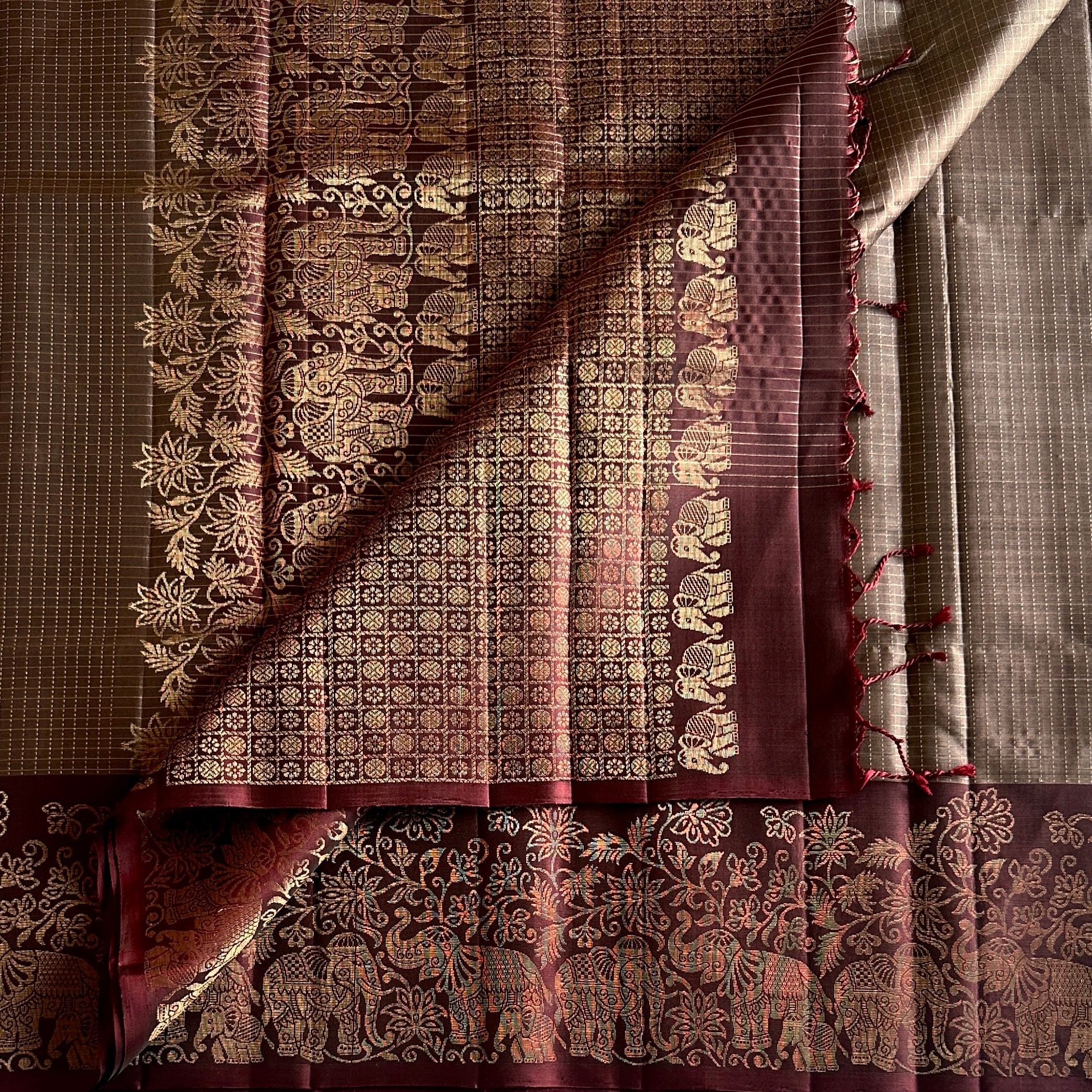 Burgundy Gold Woven Saree Elephant Border Traditional Festive Elegant Luxury