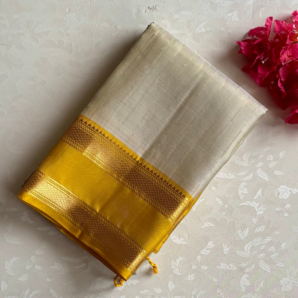 Ivory Beige Designer Pure Silk Saree With Mustard Gold Pallu And Zari Border
