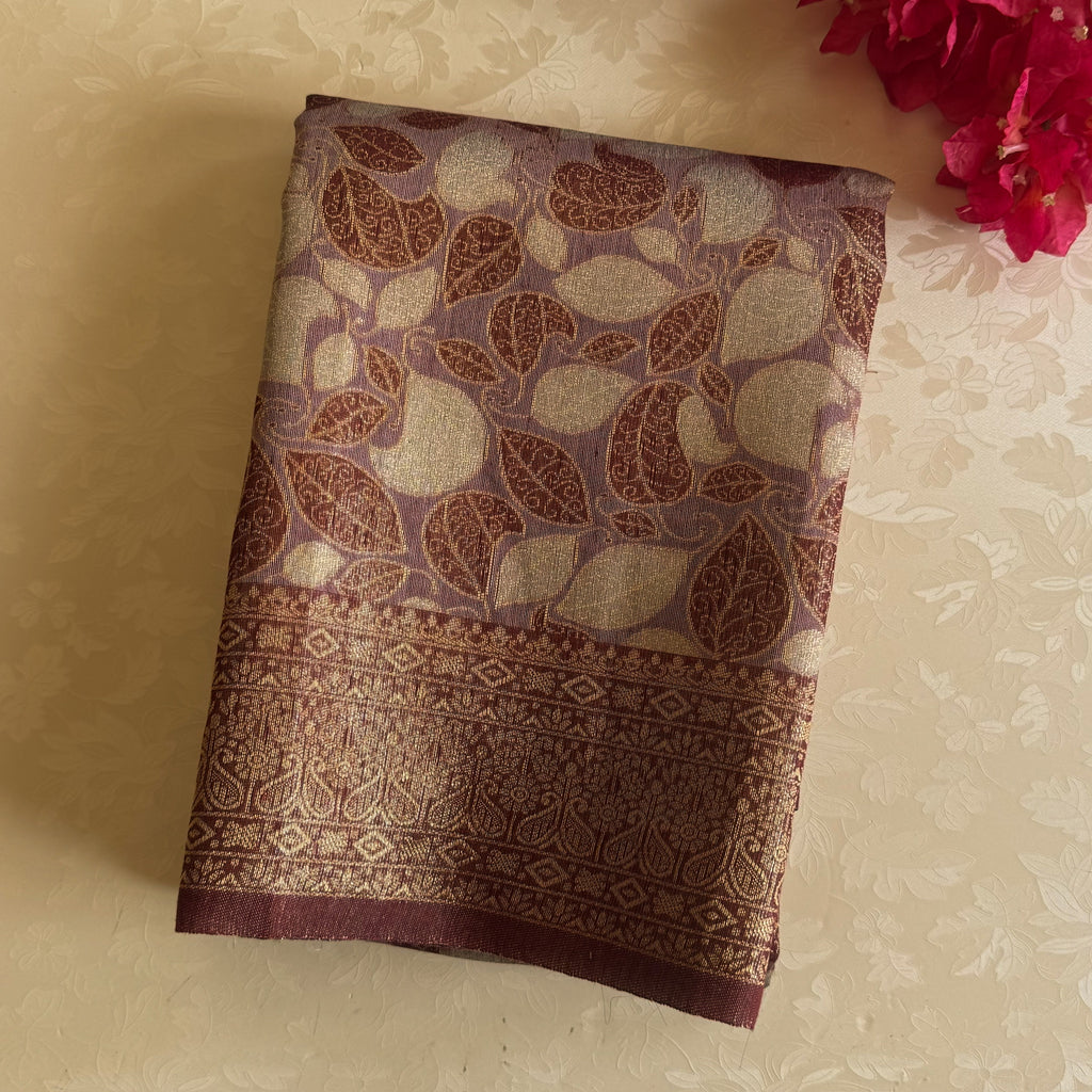 Burgundy Gold Leaf Motif Brocade Saree with Tassels Elegant Pallu