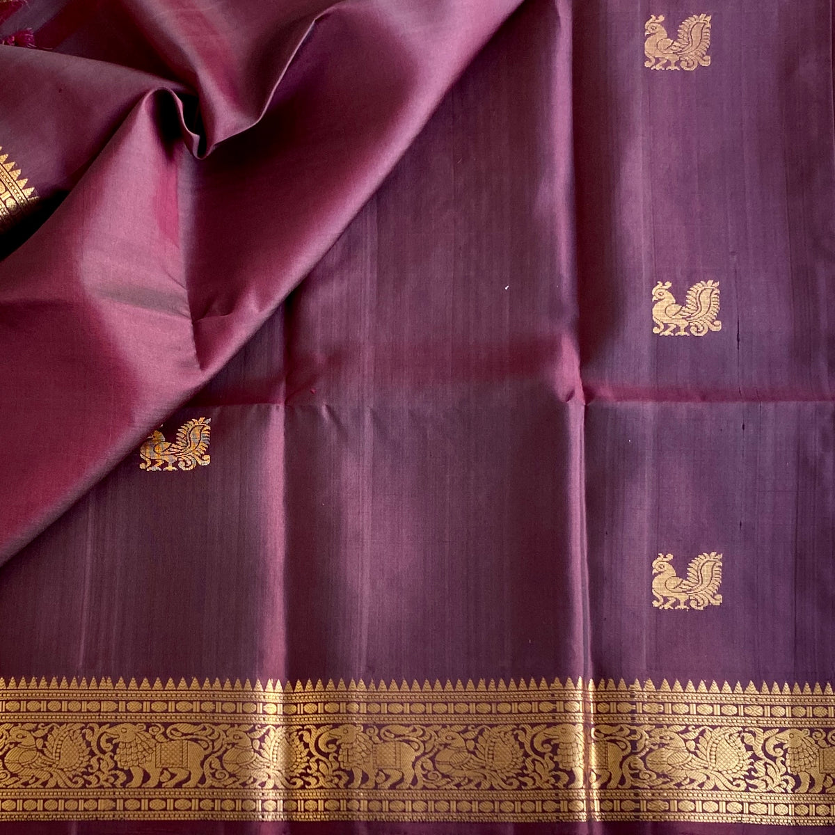 Designer Pure Silk Deep Chocolate Wine Antique Gold Saree With Woven Temple Border
