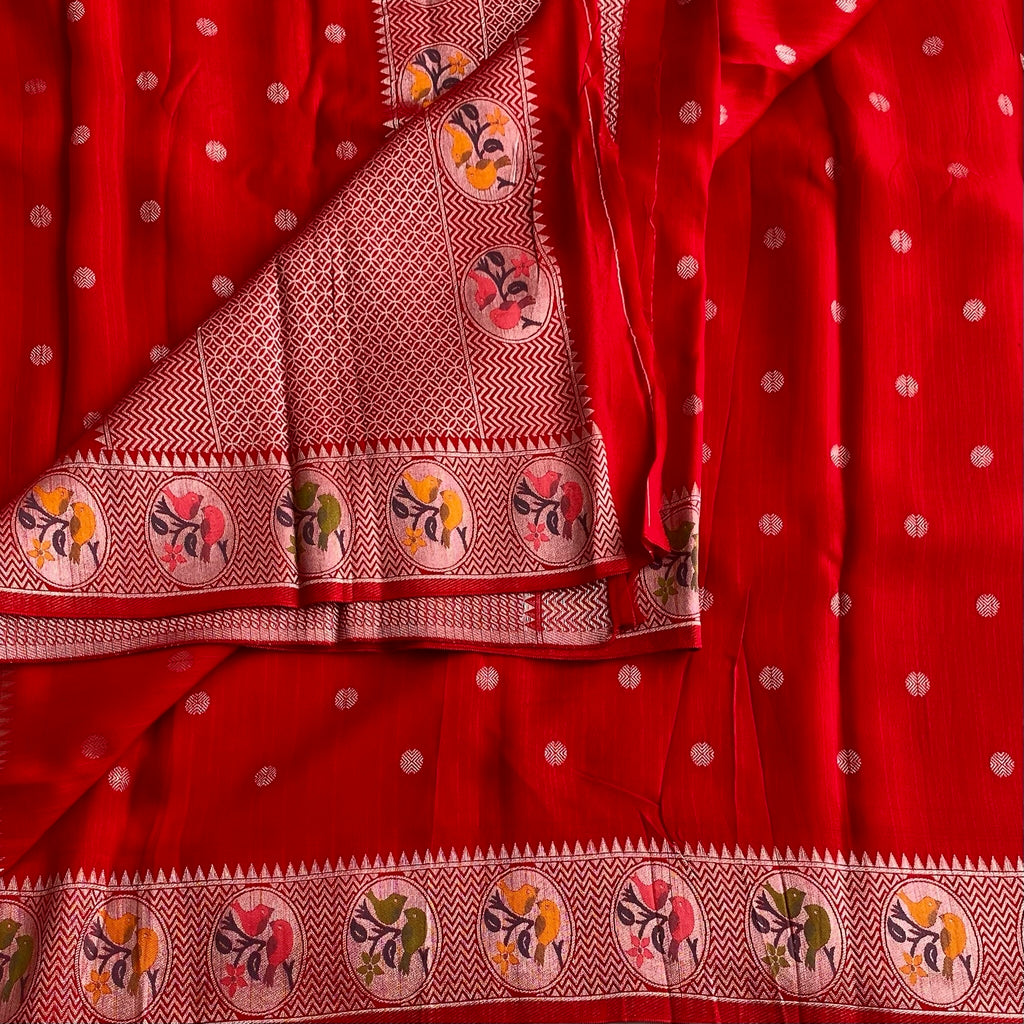 Scarlet Red Soft Tussar Silk Saree Mustard Yellow Border Silver Pallu