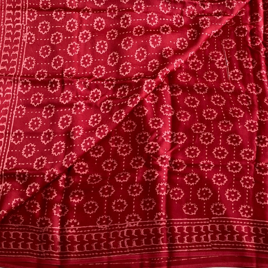 Burgundy Rose Pink Ajrakh Handblock Printed Silk Saree