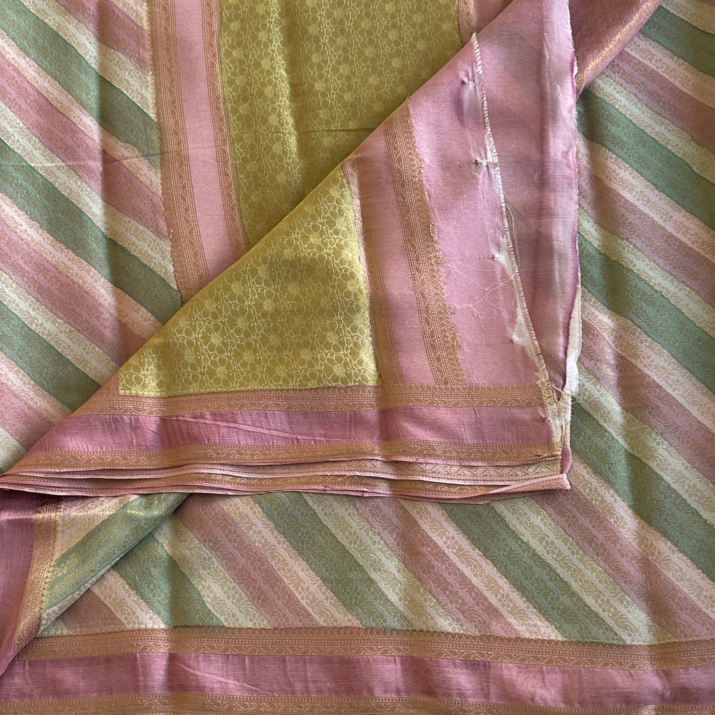 Pastel Pink Green Silk Saree Diagonal Stripes Floral Brocade Pallu