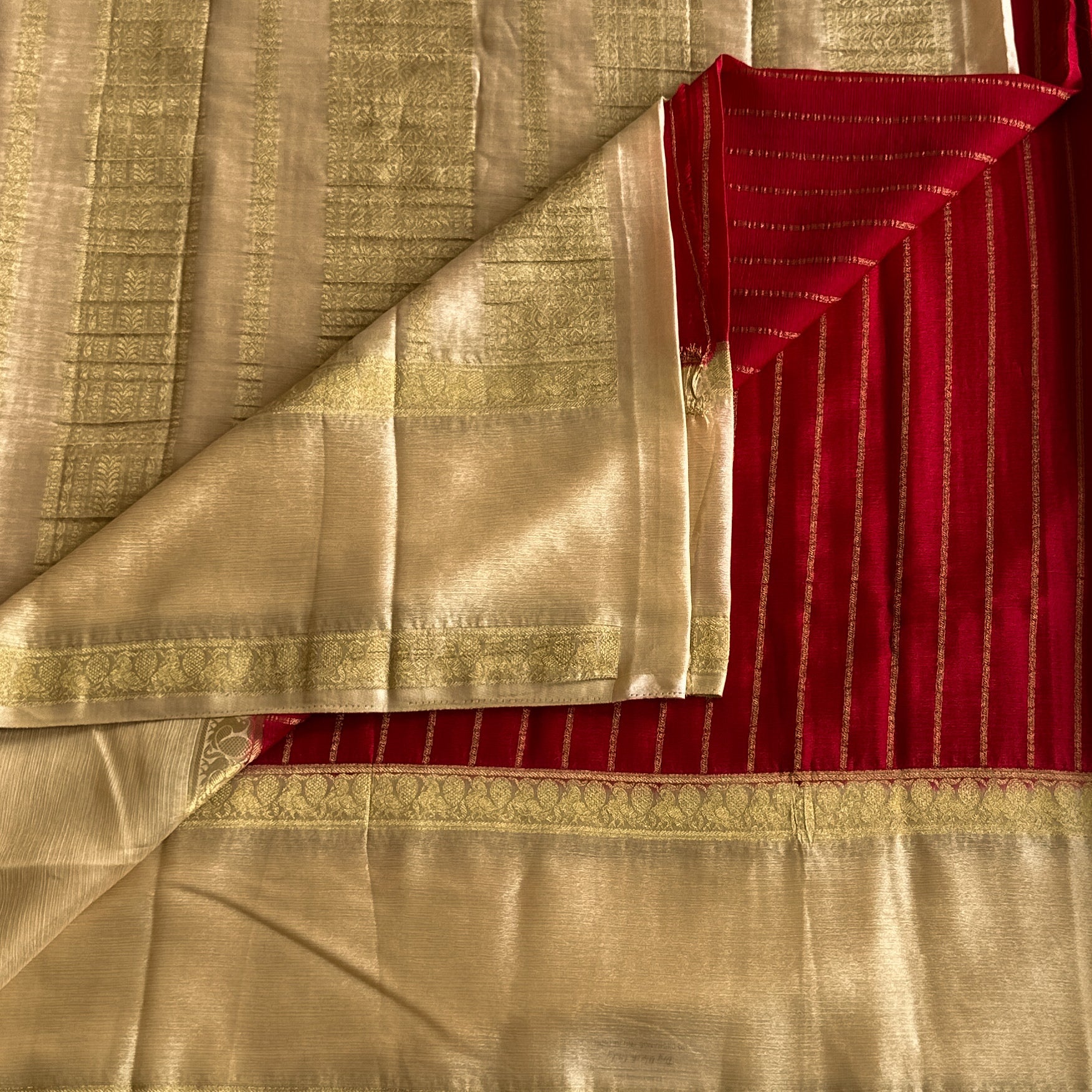 Elegant Champagne Gold Silk Saree with Deep Magenta Zari Pallu