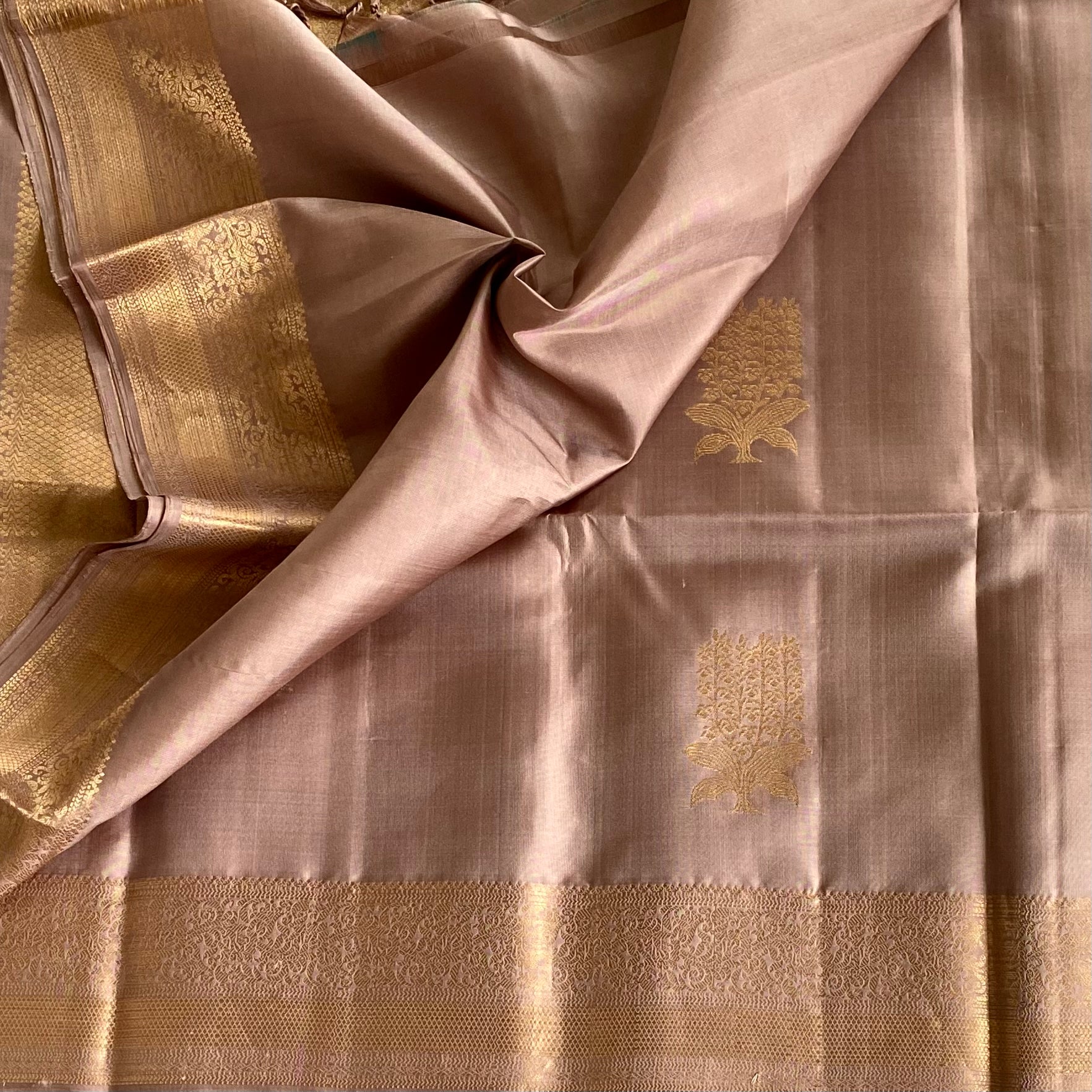 Dusty Rose Designer Pure Silk Saree With Antique Gold Brocade Panels