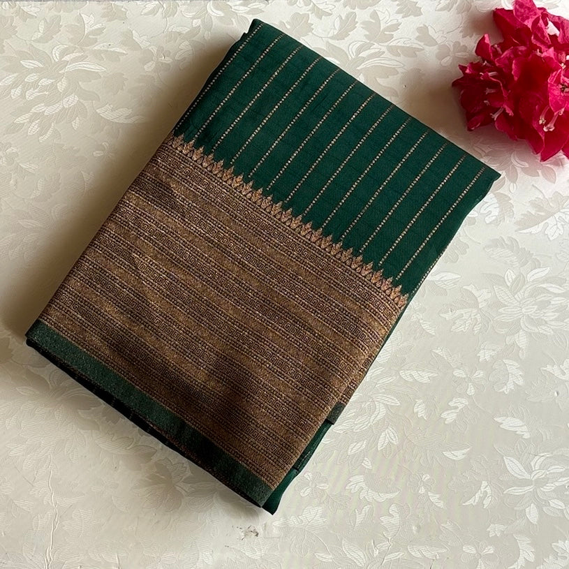 Bottle Green Soft Tussar Silk Saree With Antique Gold Pallu