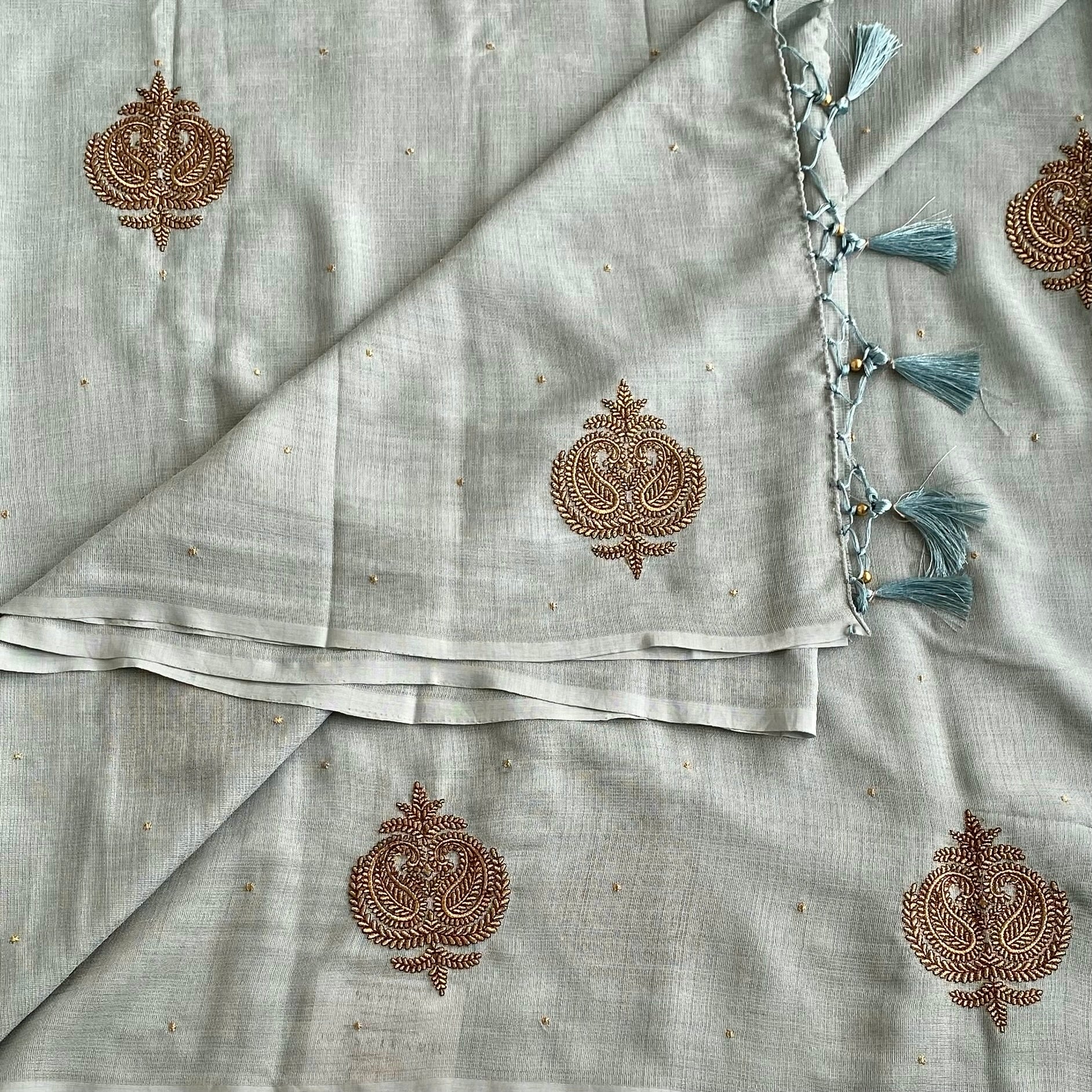 Sage Green Soft Jute Tussar Saree With Jet Black Embroidered Blouse