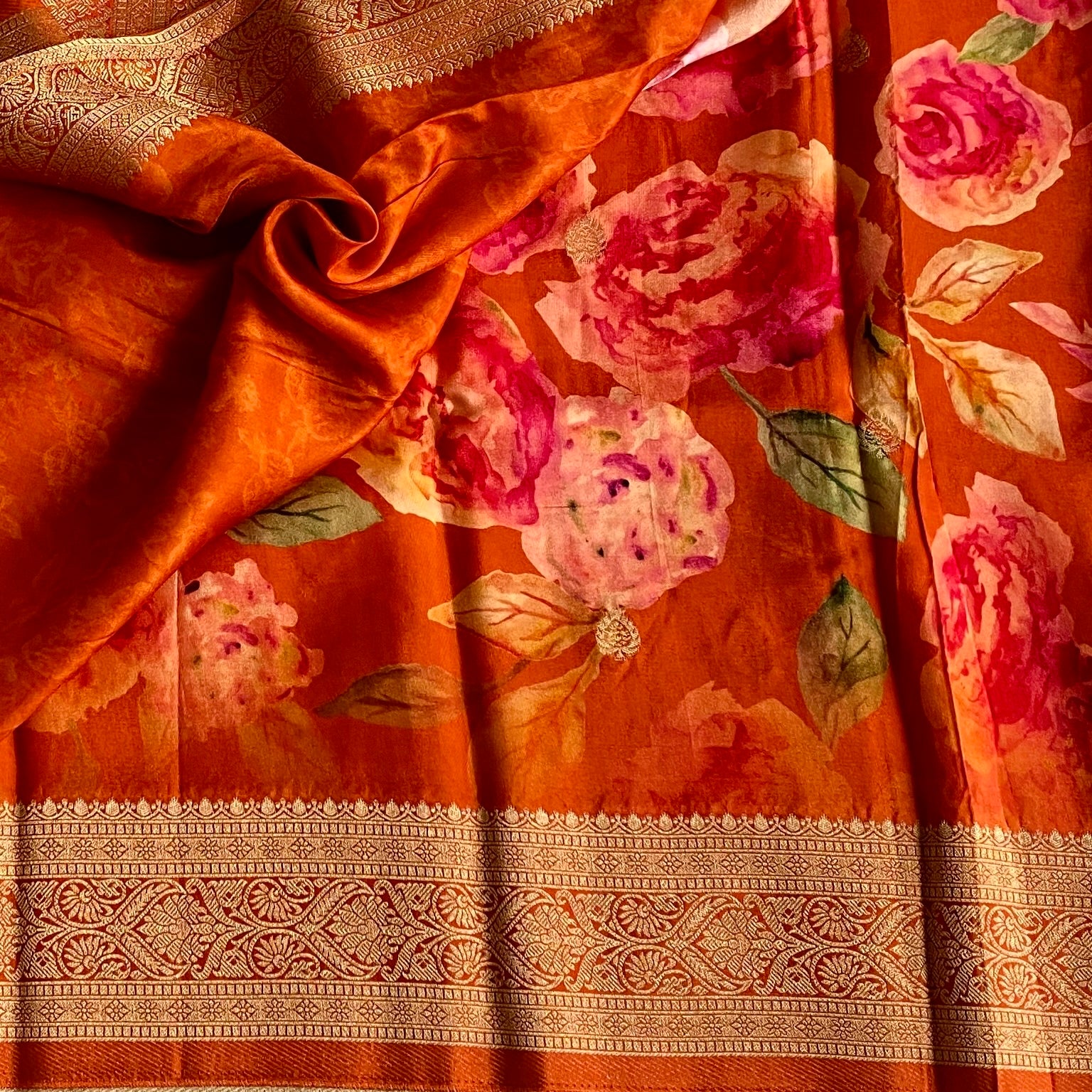 Burnt Orange Jute Tussar Silk With Antique Zari Pallu & Dreamy Prints