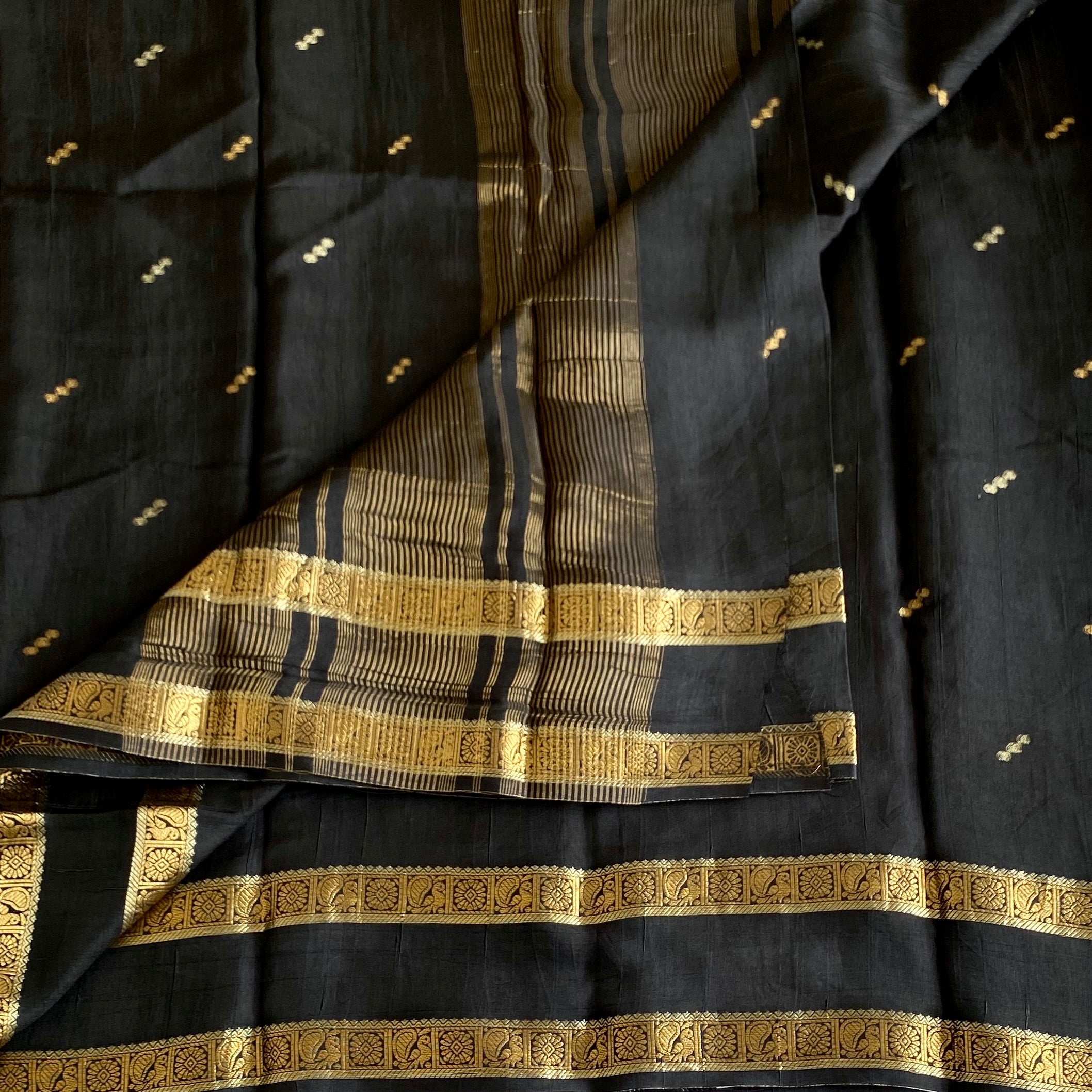 Midnight Blue And Antique Gold Soft Tussar Silk Saree With Striped Pallu