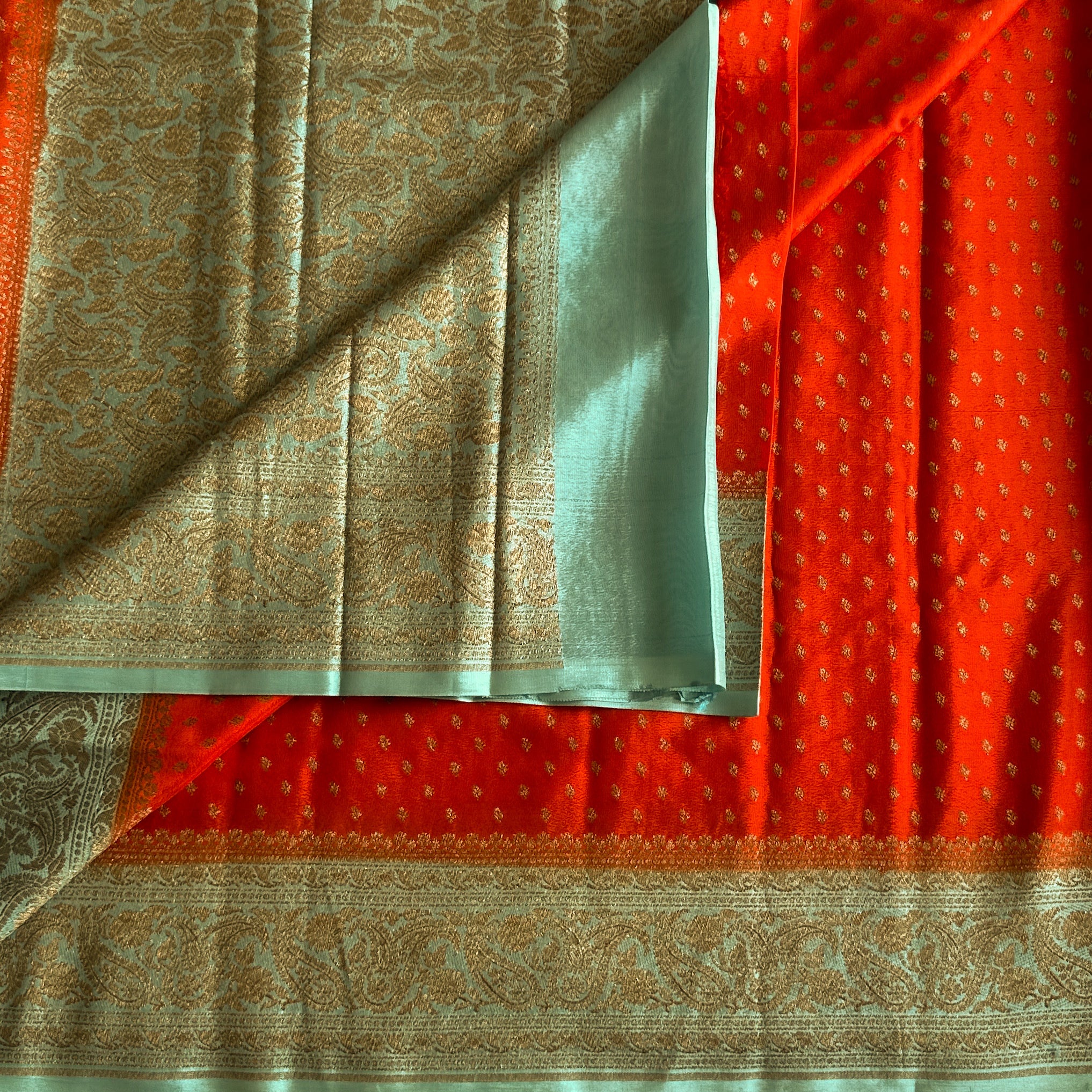 Sunset Orange with aqua blue soft crepe Banarasi with buttas