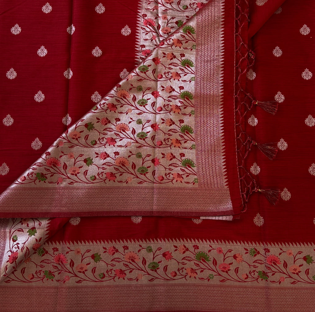 Crimson Banarasi Silk Saree With Blush Pink Floral Zari Pallu